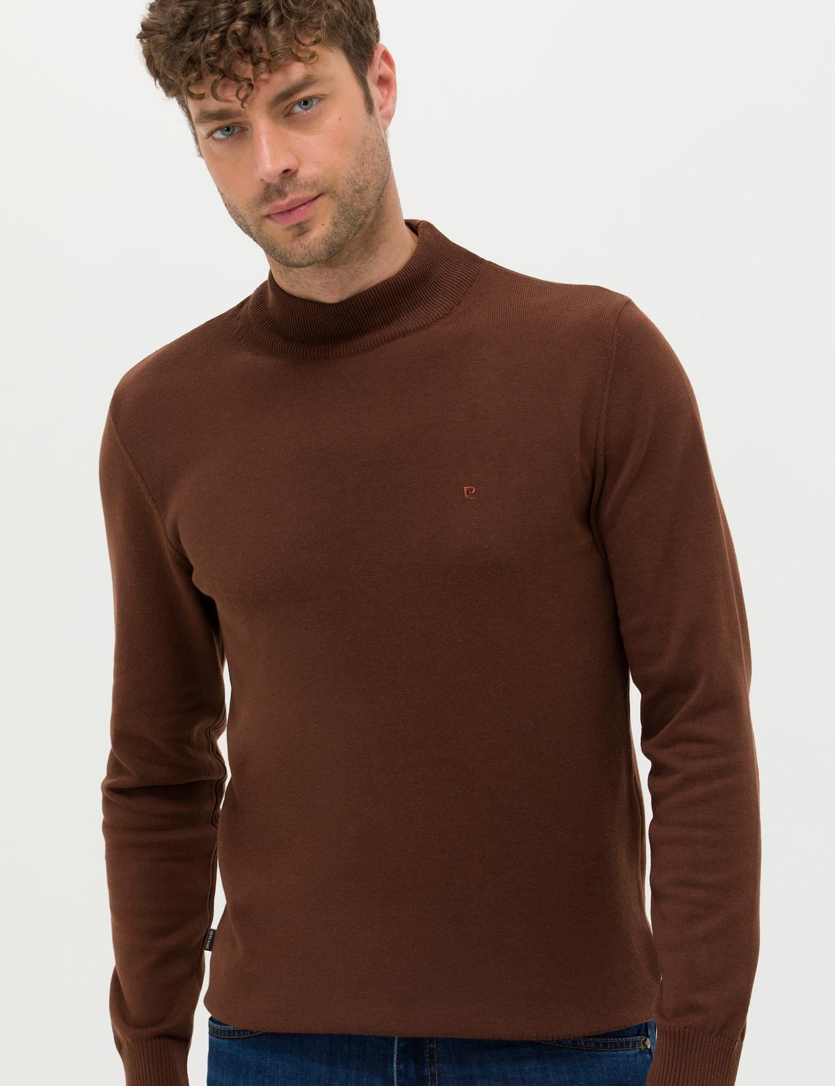 Koyu Kahverengi Slim Fit Yarım Balıkçı Yaka Basic Triko Kazak - 50276161228