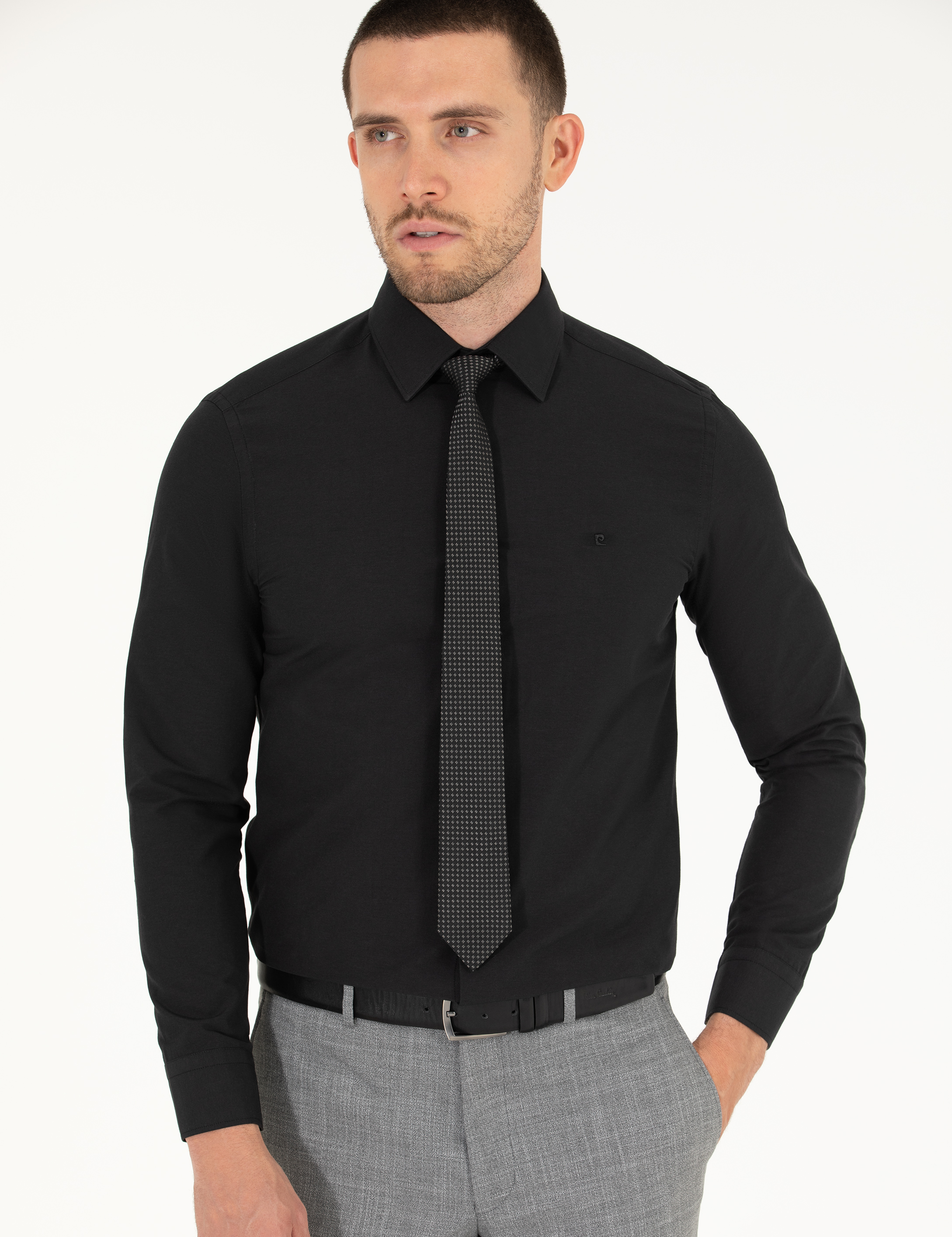 Siyah Slim Fit Uzun Kollu Basic Gömlek - Image 2
