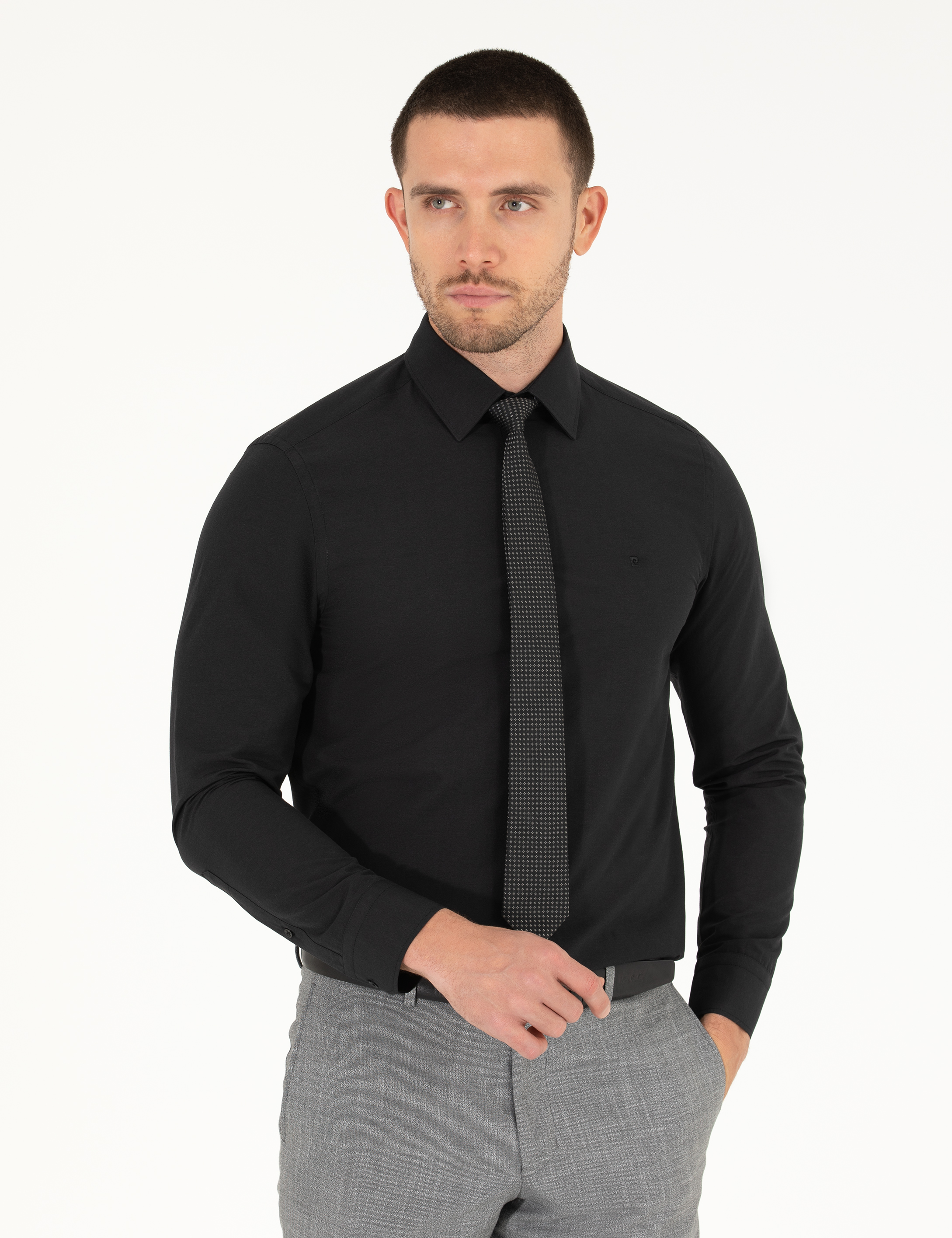 Siyah Slim Fit Uzun Kollu Basic Gömlek - Image 1
