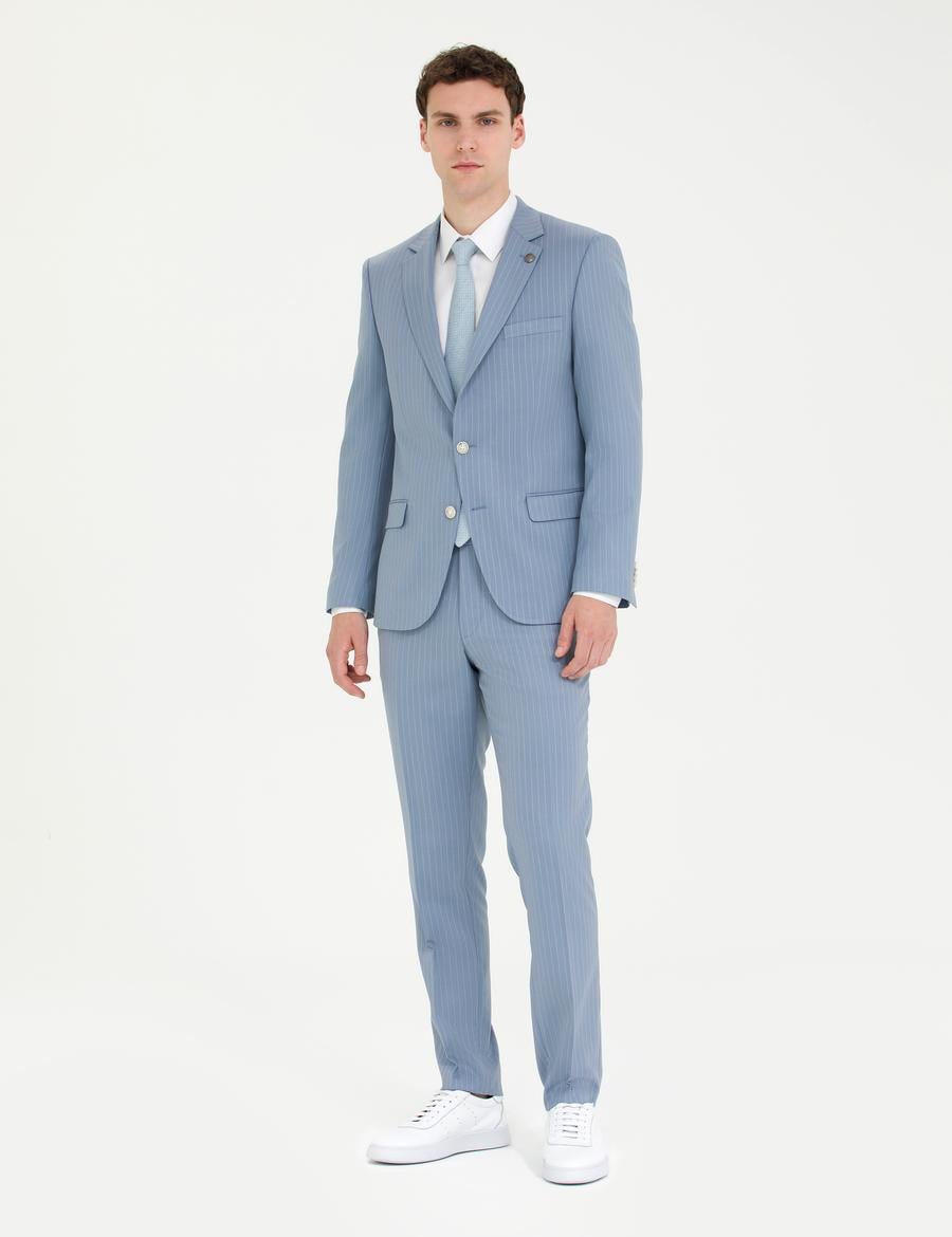 Açık Mavi Çizgili Ekstra Slim Fit Takım Elbise