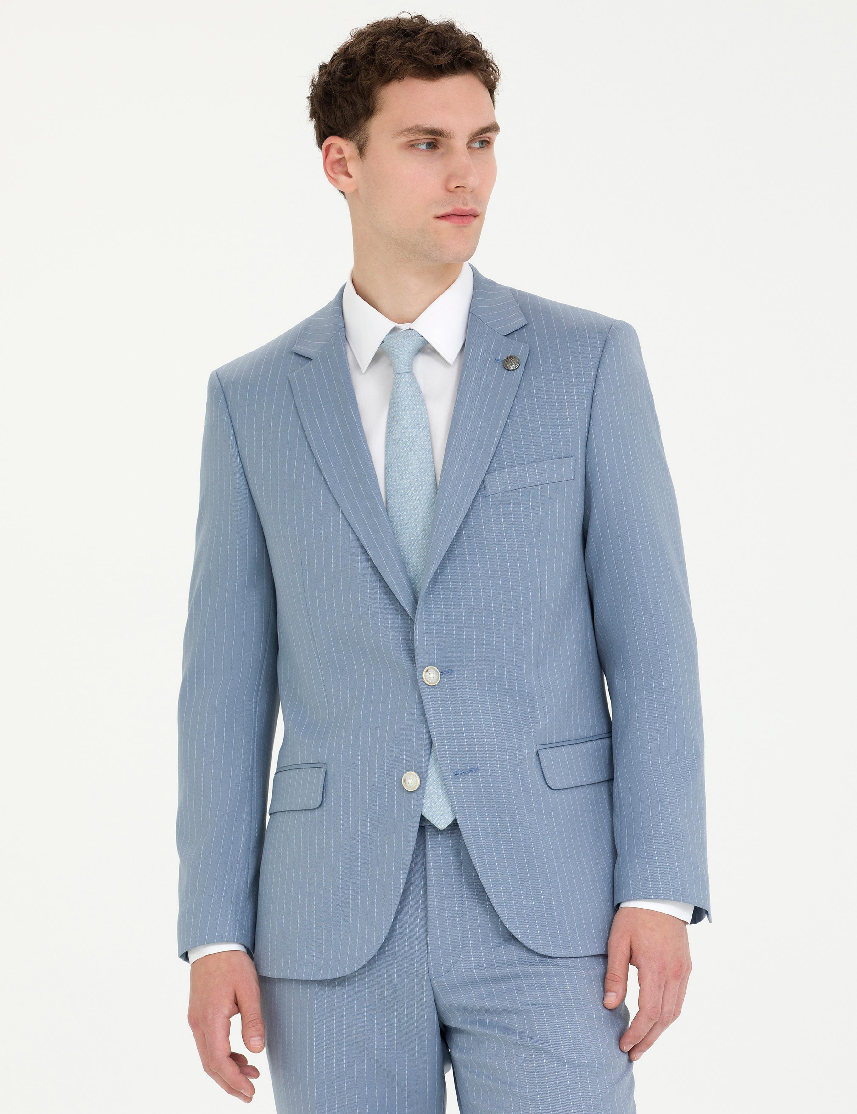 Açık Mavi Çizgili Ekstra Slim Fit Takım Elbise