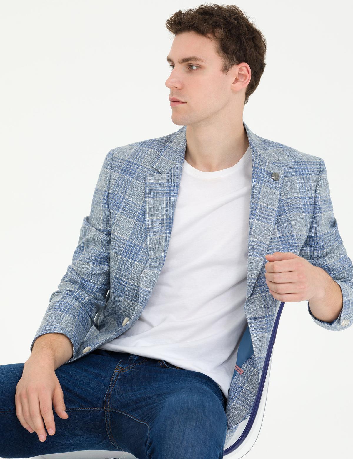 Açık Lacivert Slim Fit Yün Keten Karışımlı Ekose Ceket