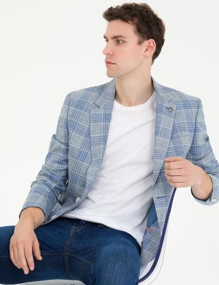 Açık Lacivert Slim Fit Yün Keten Karışımlı Ekose Ceket - 50265941044