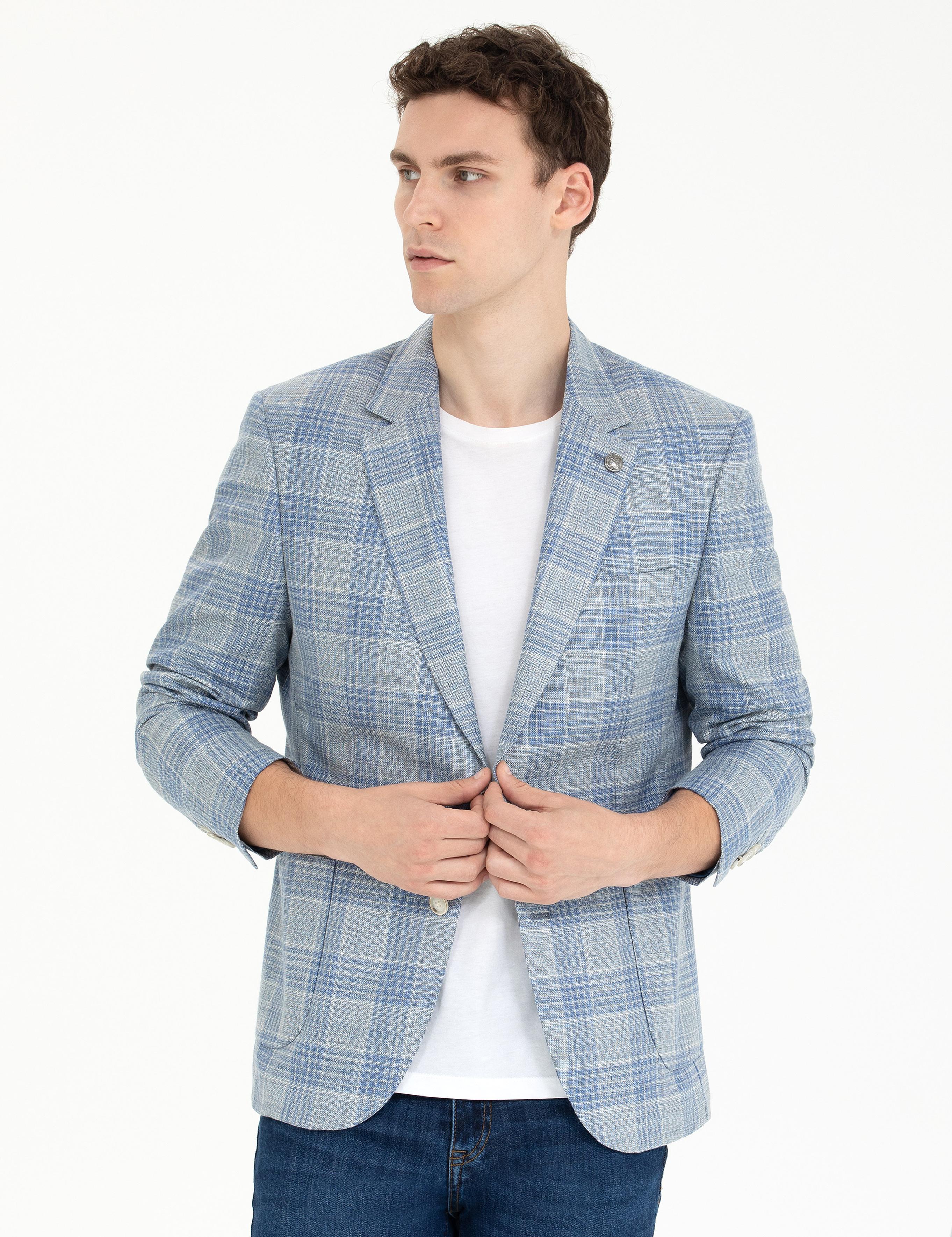 Açık Lacivert Slim Fit Yün Keten Karışımlı Ekose Ceket