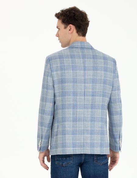 Açık Lacivert Slim Fit Yün Keten Karışımlı Ekose Ceket - 50265941044