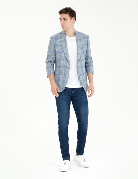 Açık Lacivert Slim Fit Yün Keten Karışımlı Ekose Ceket - 50265941044