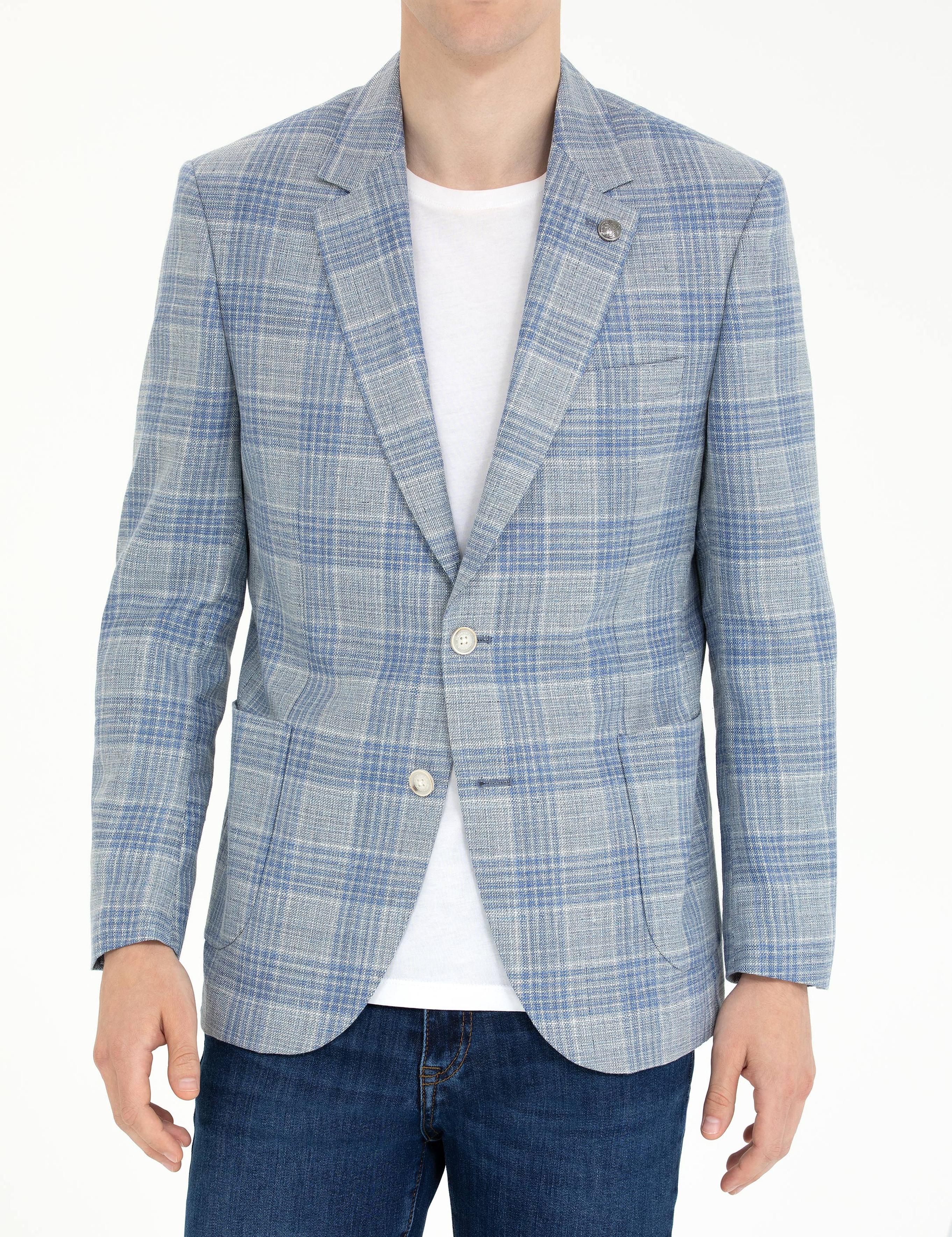 Açık Lacivert Slim Fit Yün Keten Karışımlı Ekose Ceket