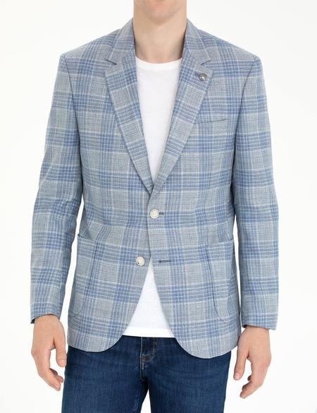 Açık Lacivert Slim Fit Yün Keten Karışımlı Ekose Ceket - 50265941044