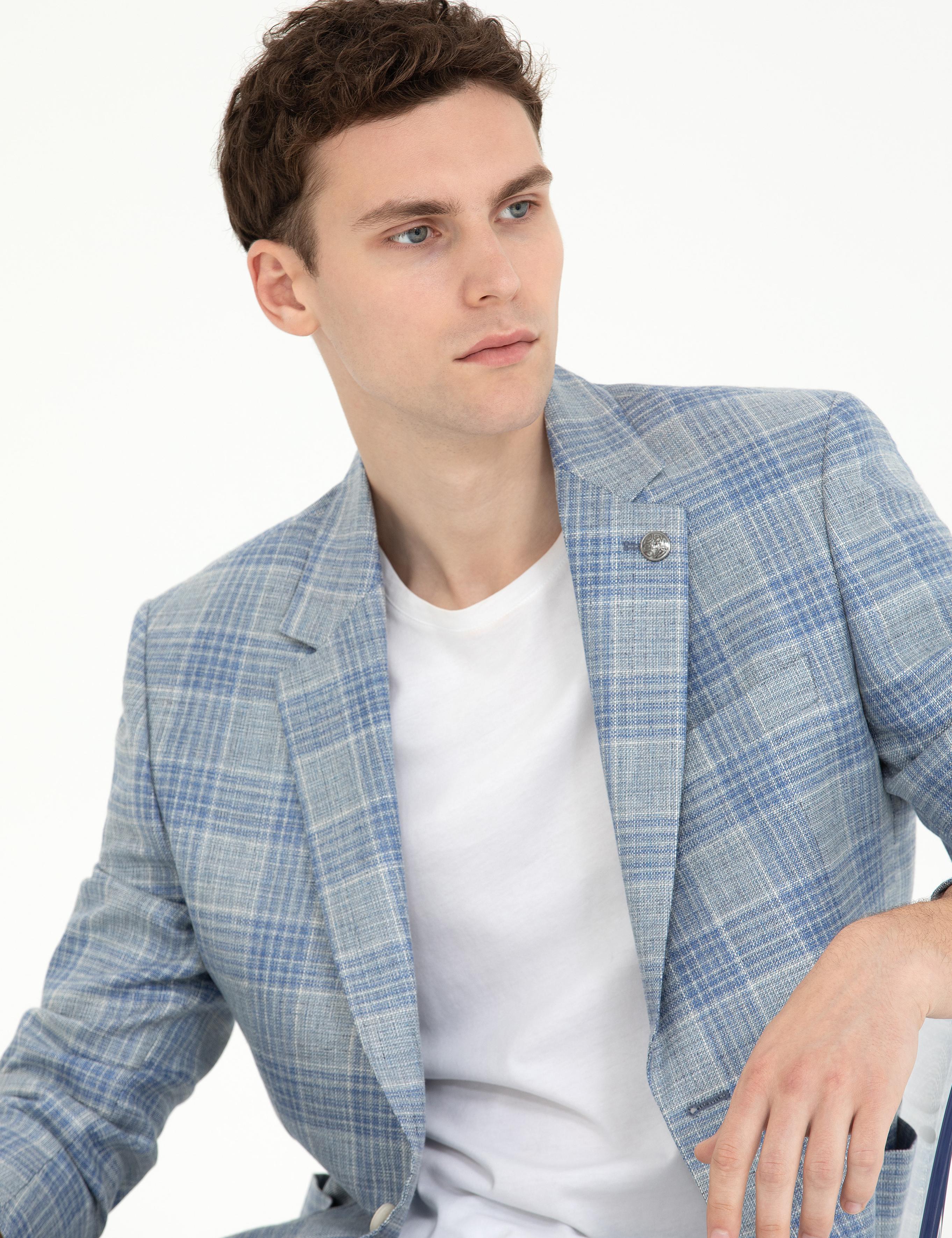 Açık Lacivert Slim Fit Yün Keten Karışımlı Ekose Ceket