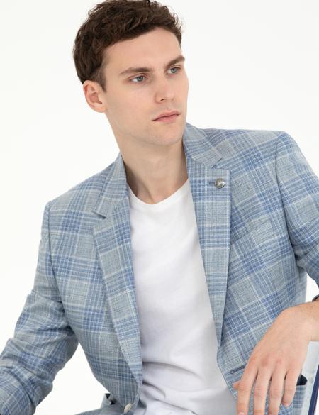Açık Lacivert Slim Fit Yün Keten Karışımlı Ekose Ceket - 50265941044