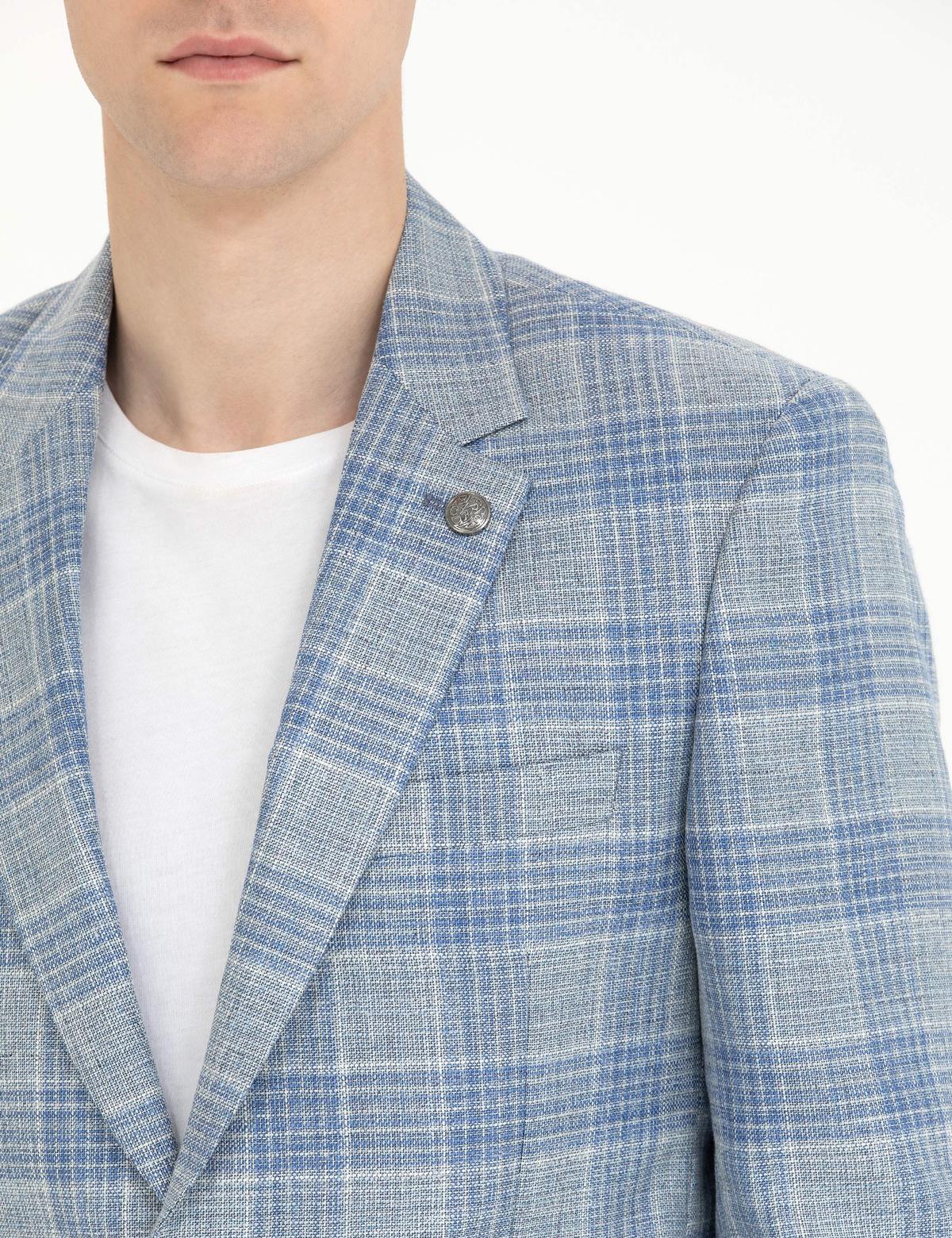 Açık Lacivert Slim Fit Yün Keten Karışımlı Ekose Ceket - 50265941044