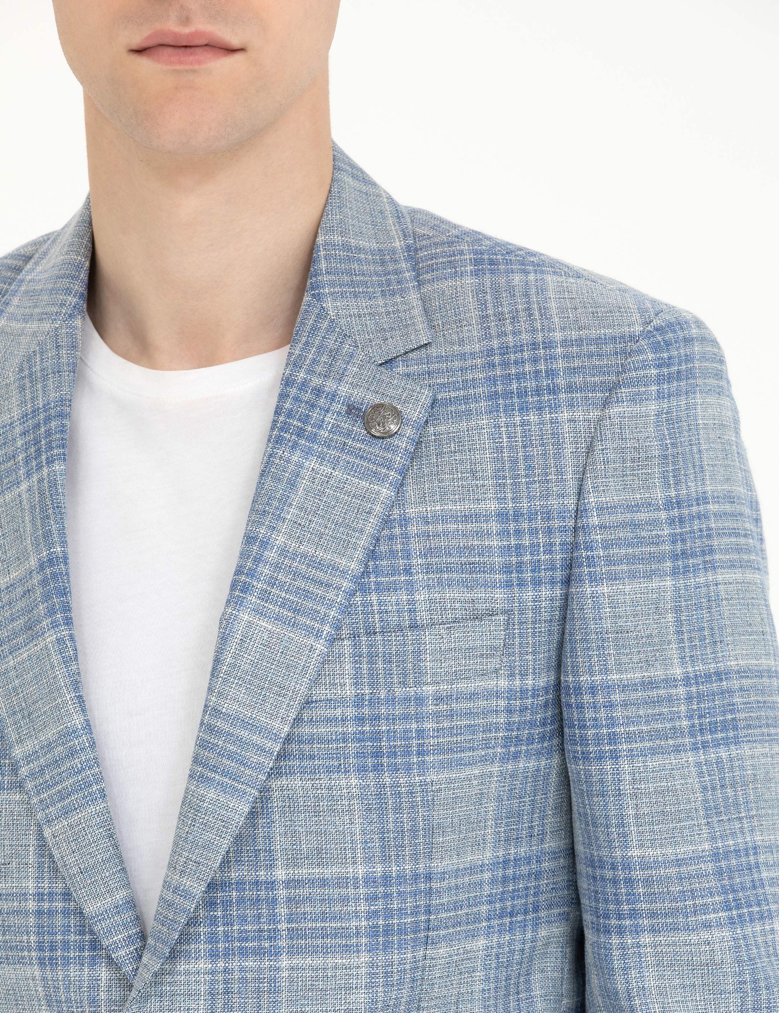 Açık Lacivert Slim Fit Yün Keten Karışımlı Ekose Ceket