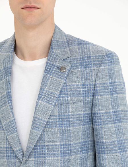 Açık Lacivert Slim Fit Yün Keten Karışımlı Ekose Ceket - 50265941044