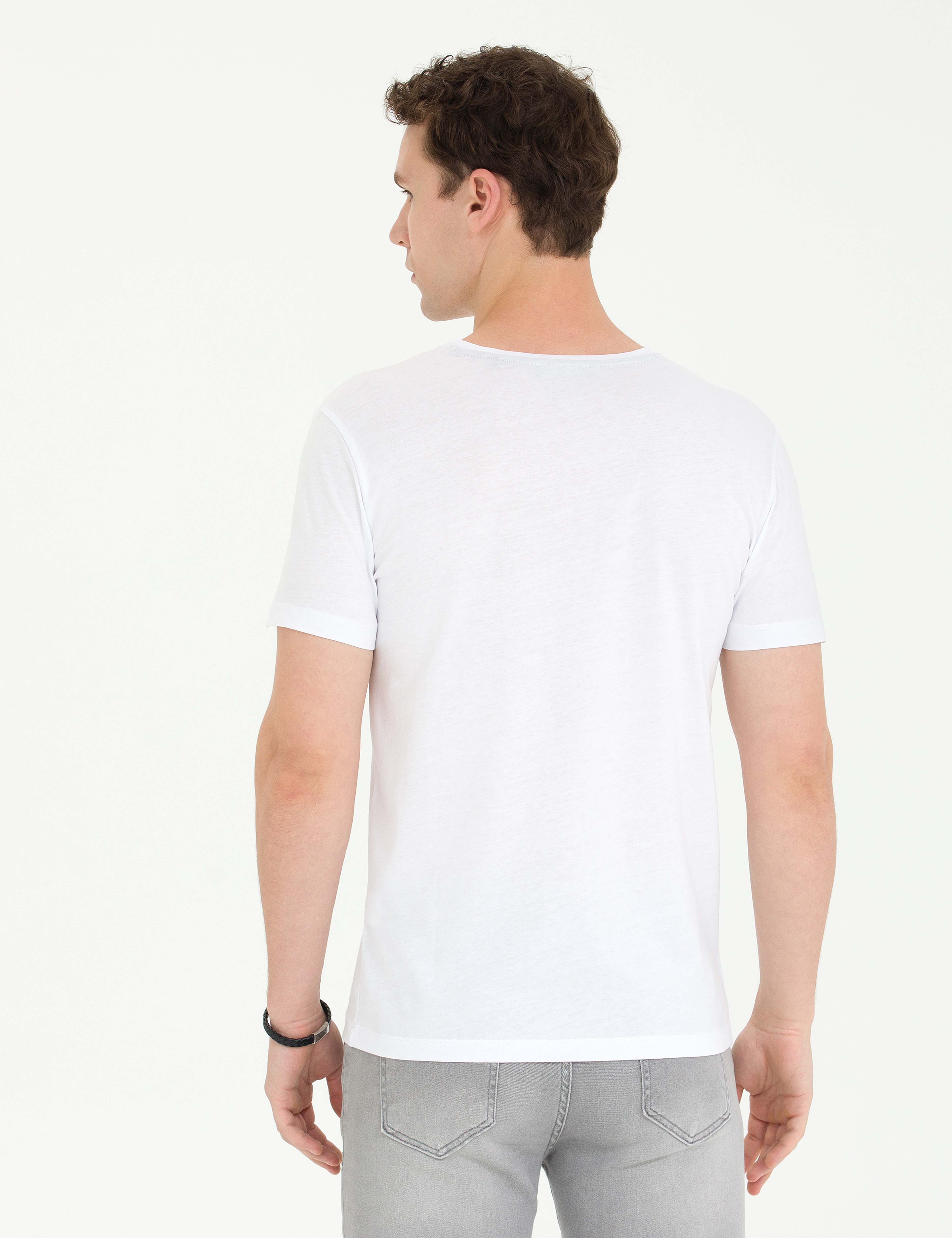 Beyaz Slim Fit Bisiklet Yaka Tişört - Image 5