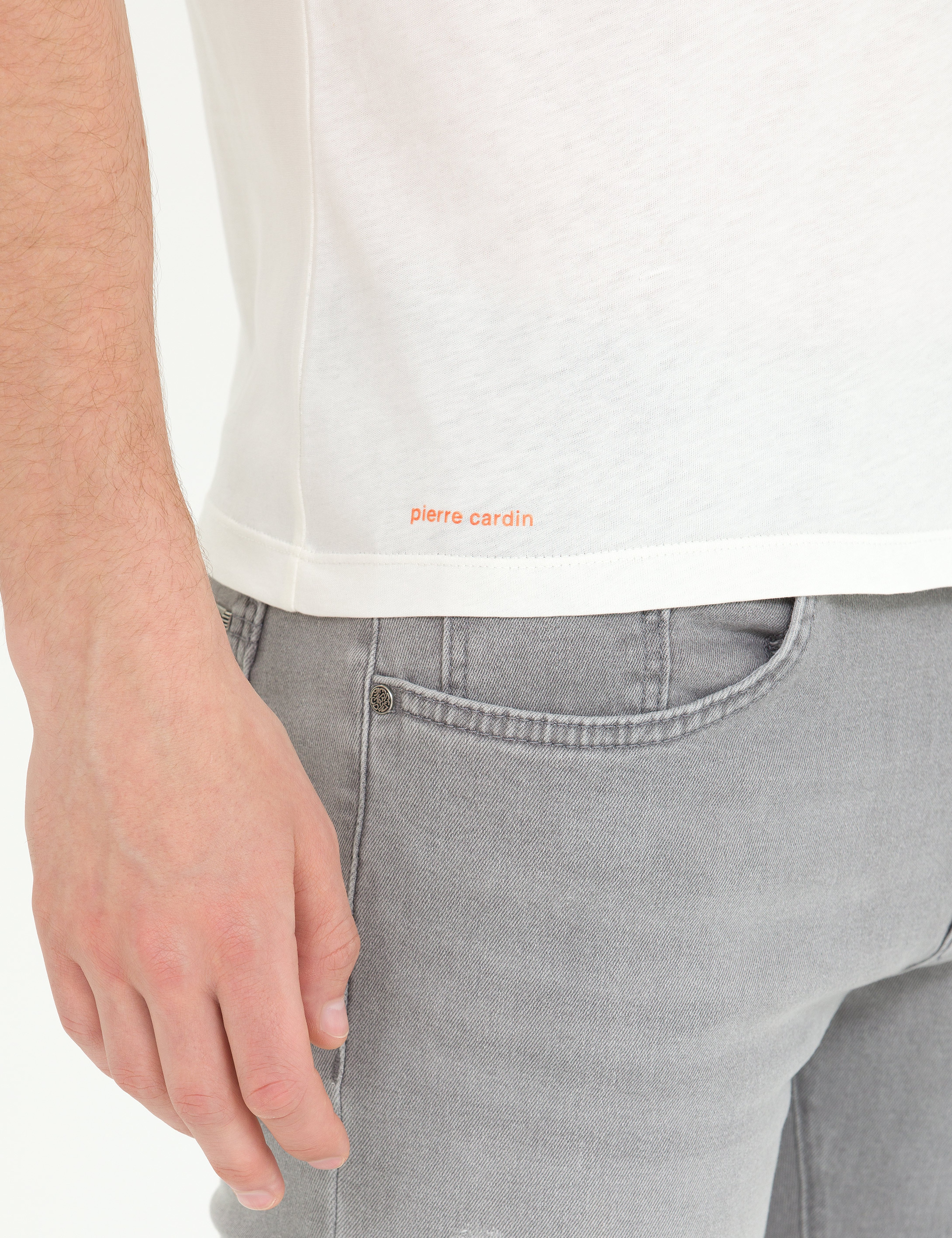 Ekru Slim Fit Bisiklet Yaka Tişört - Image 7