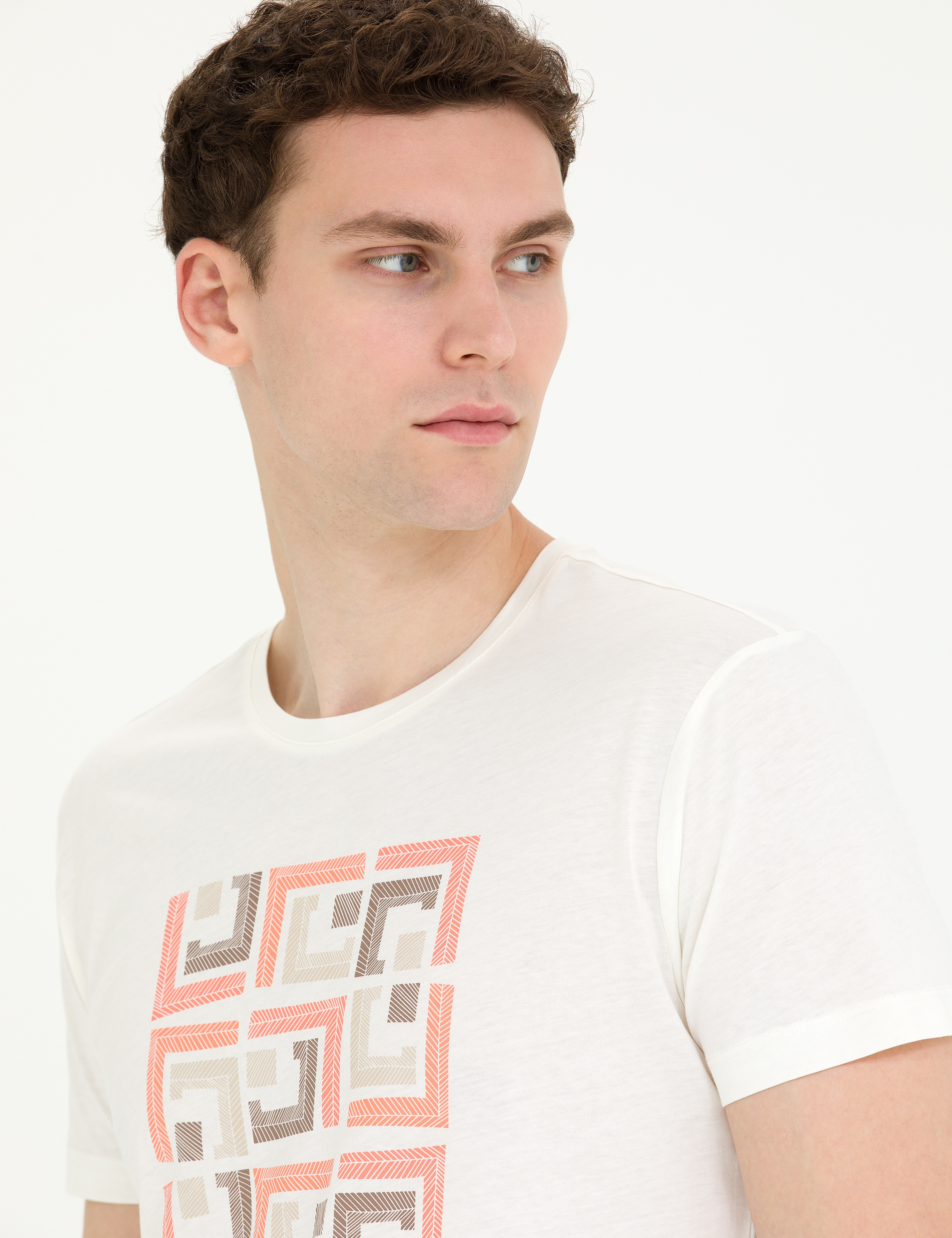 Ekru Slim Fit Bisiklet Yaka Tişört - Image 3