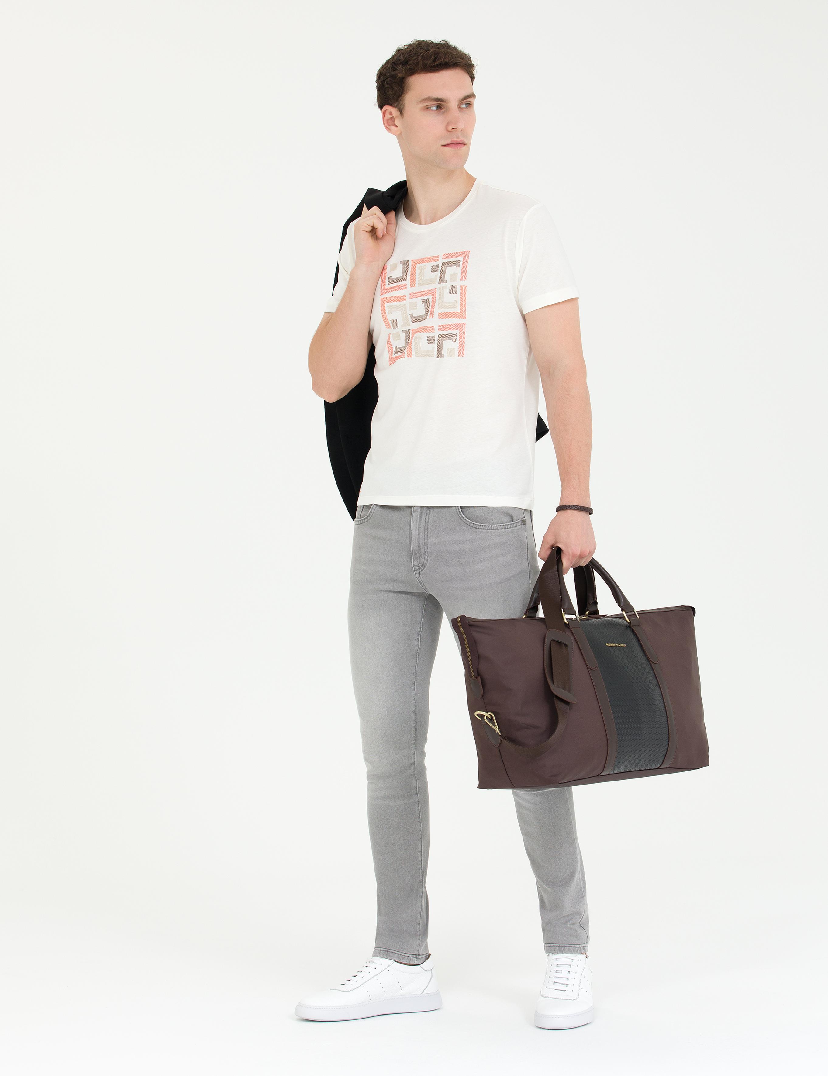 Ekru Slim Fit Bisiklet Yaka Tişört