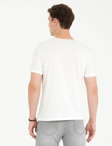 Ekru Slim Fit Bisiklet Yaka Tişört