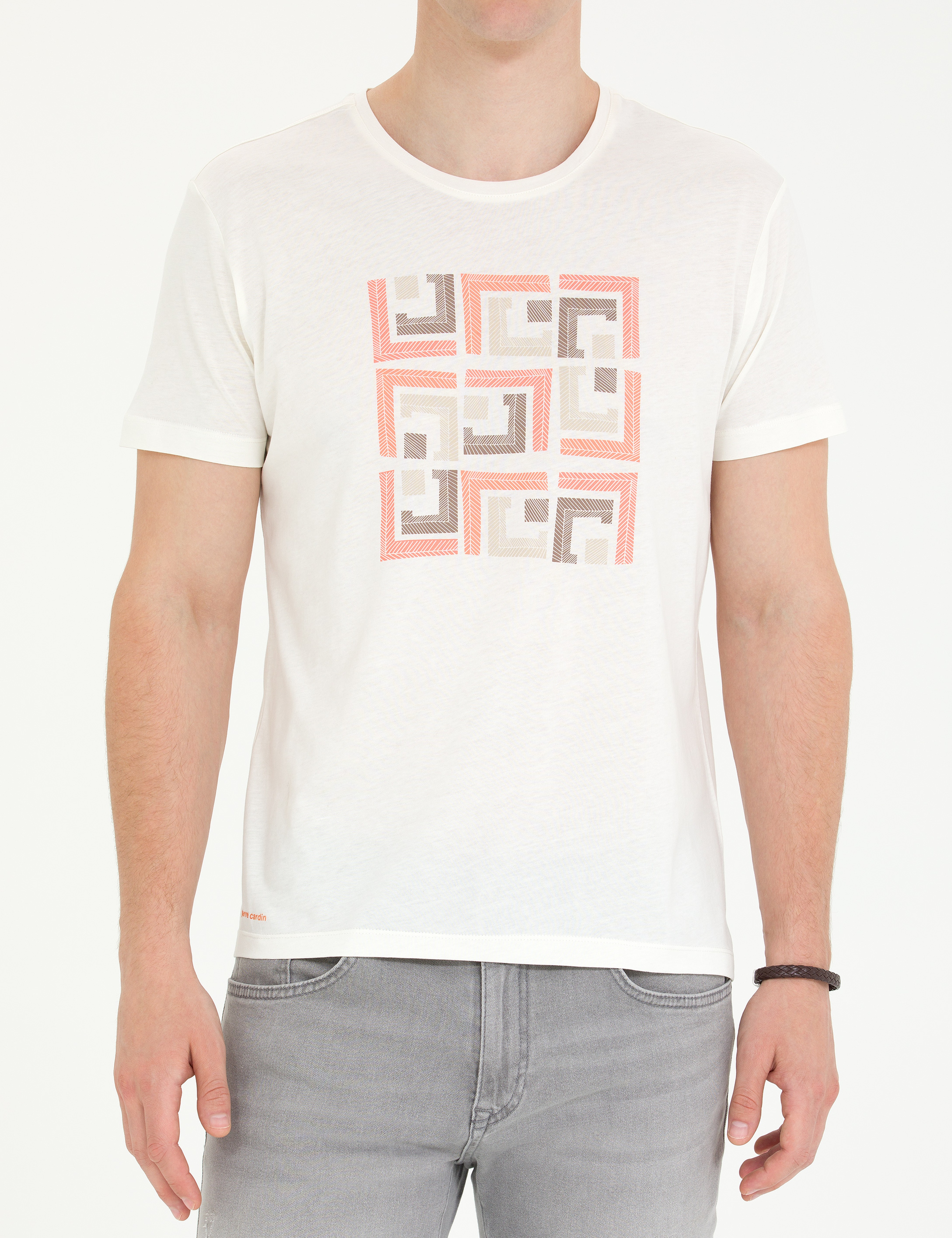Ekru Slim Fit Bisiklet Yaka Tişört