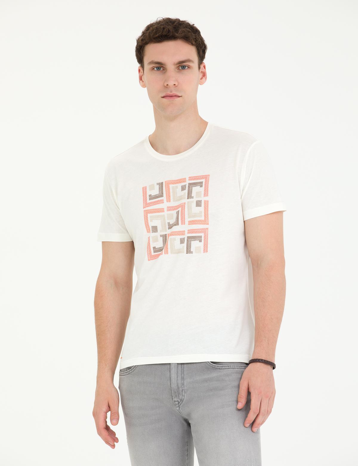 Ekru Slim Fit Bisiklet Yaka Tişört