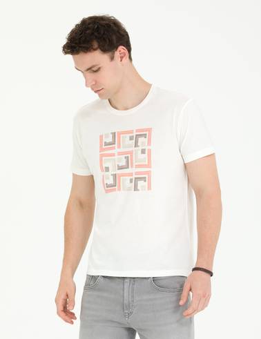 Ekru Slim Fit Bisiklet Yaka Tişört