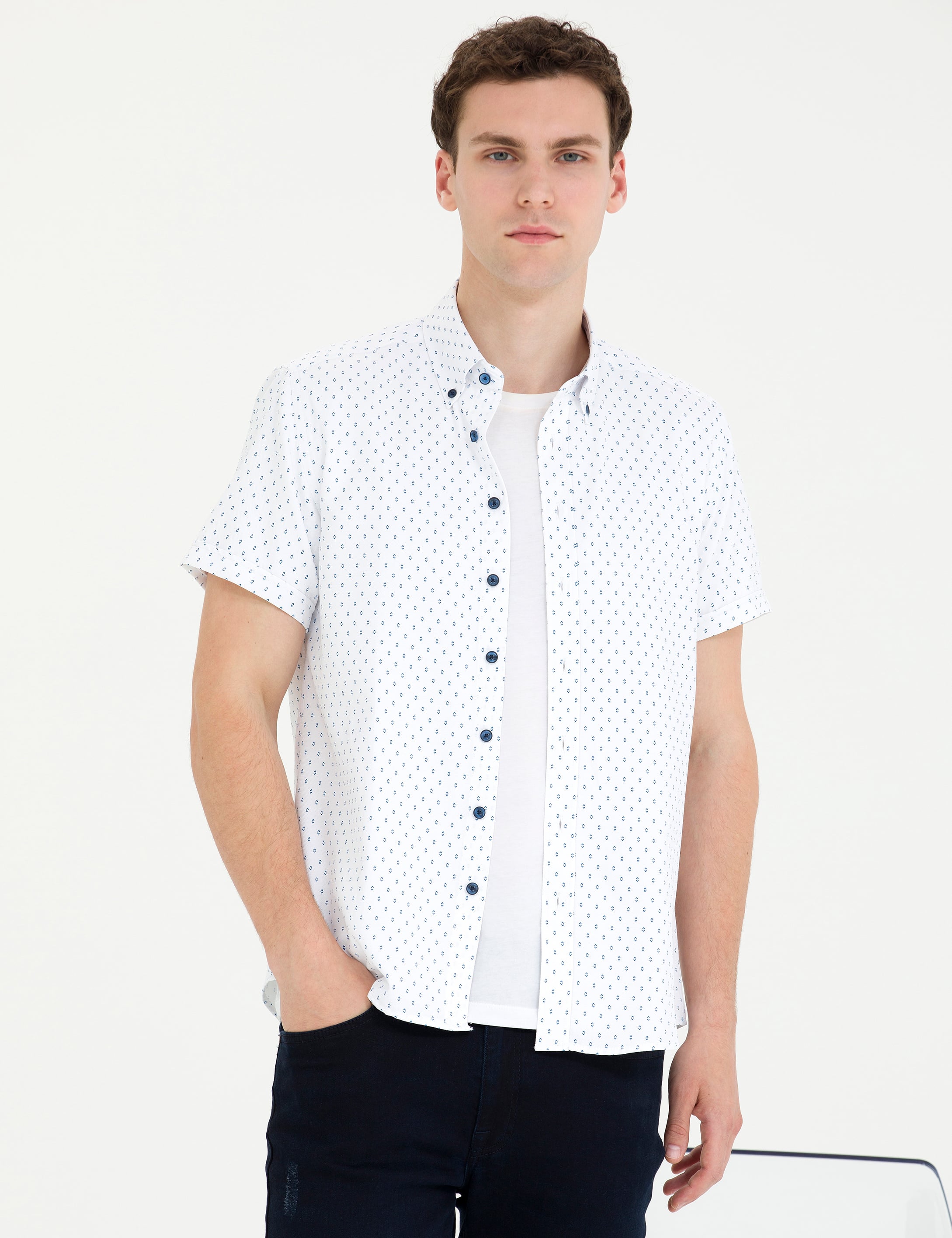 Açık Lacivert Slim Fit Kısa Kollu Gömlek - Image 1