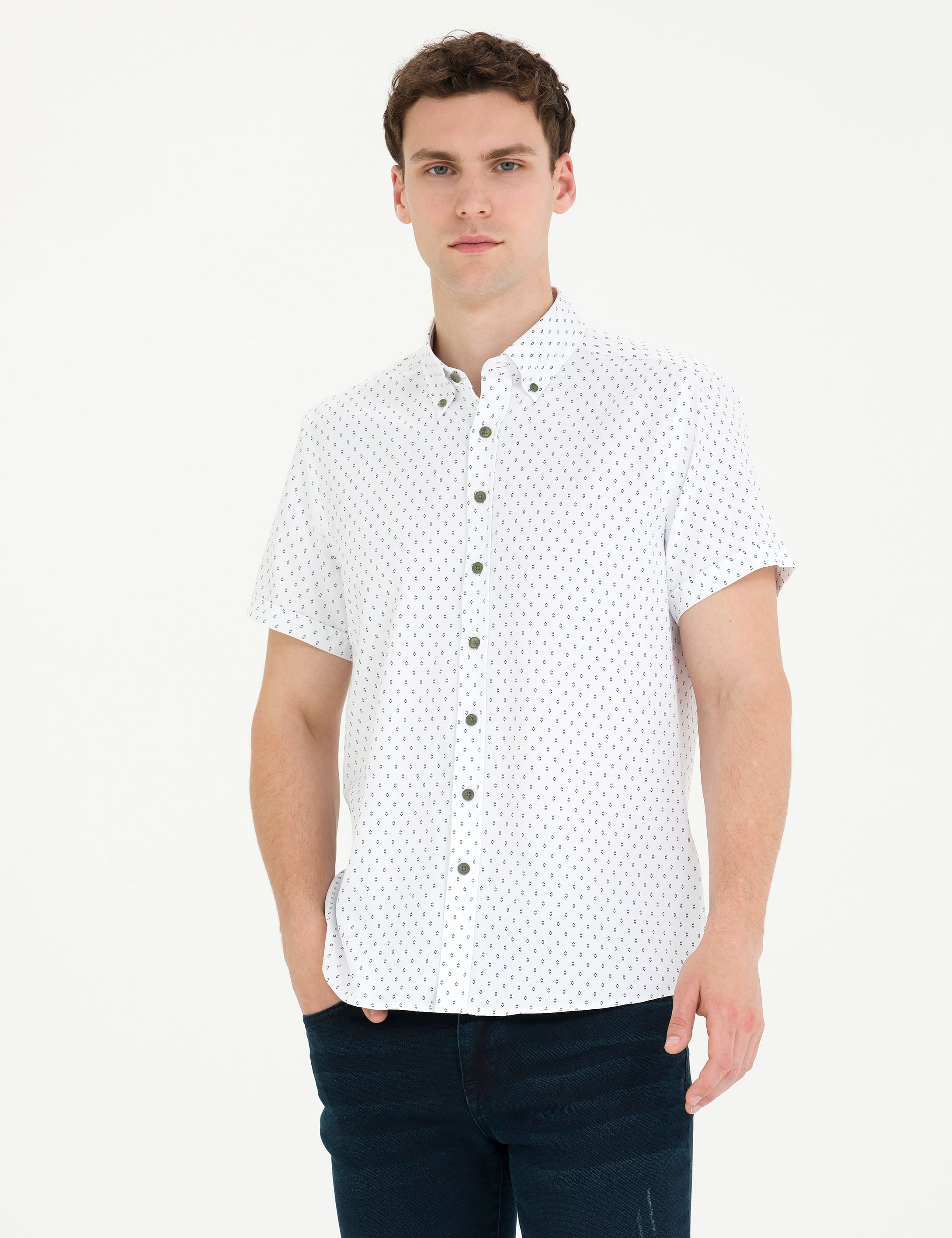 Haki Slim Fit Kısa Kollu Gömlek - Image 1