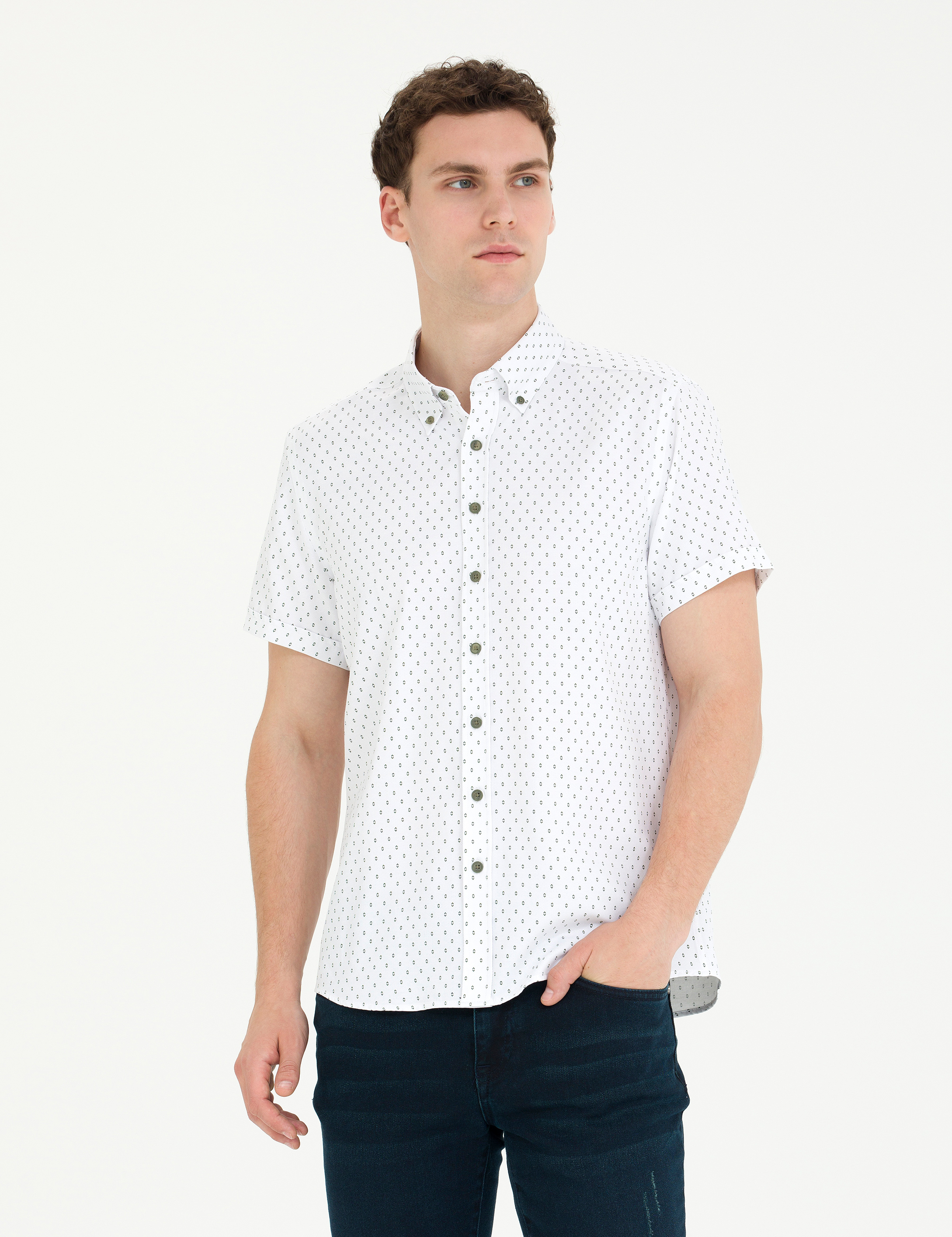 Haki Slim Fit Kısa Kollu Gömlek - Image 3