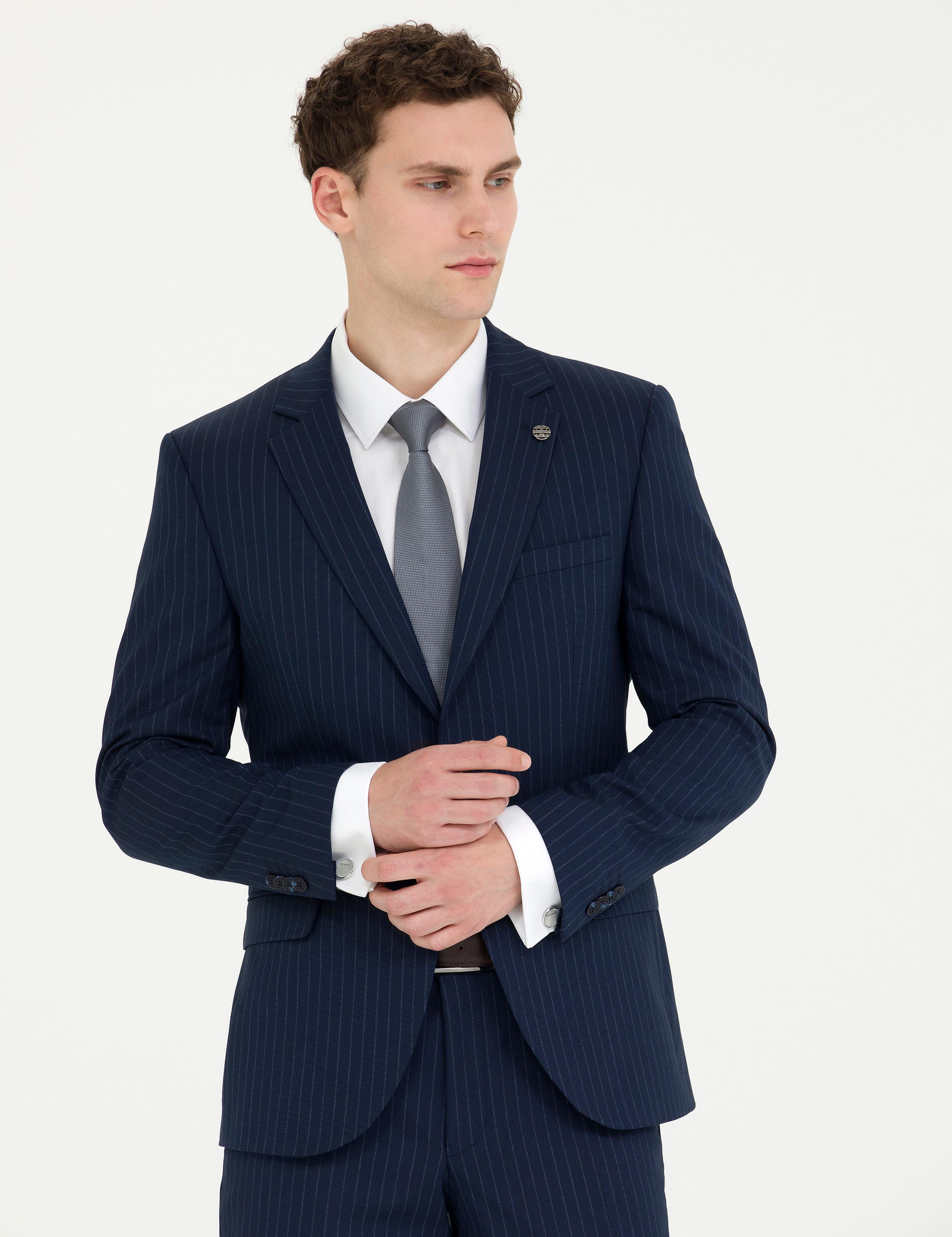 Lacivert Ekstra Slim Fit Çizgili Takım Elbise