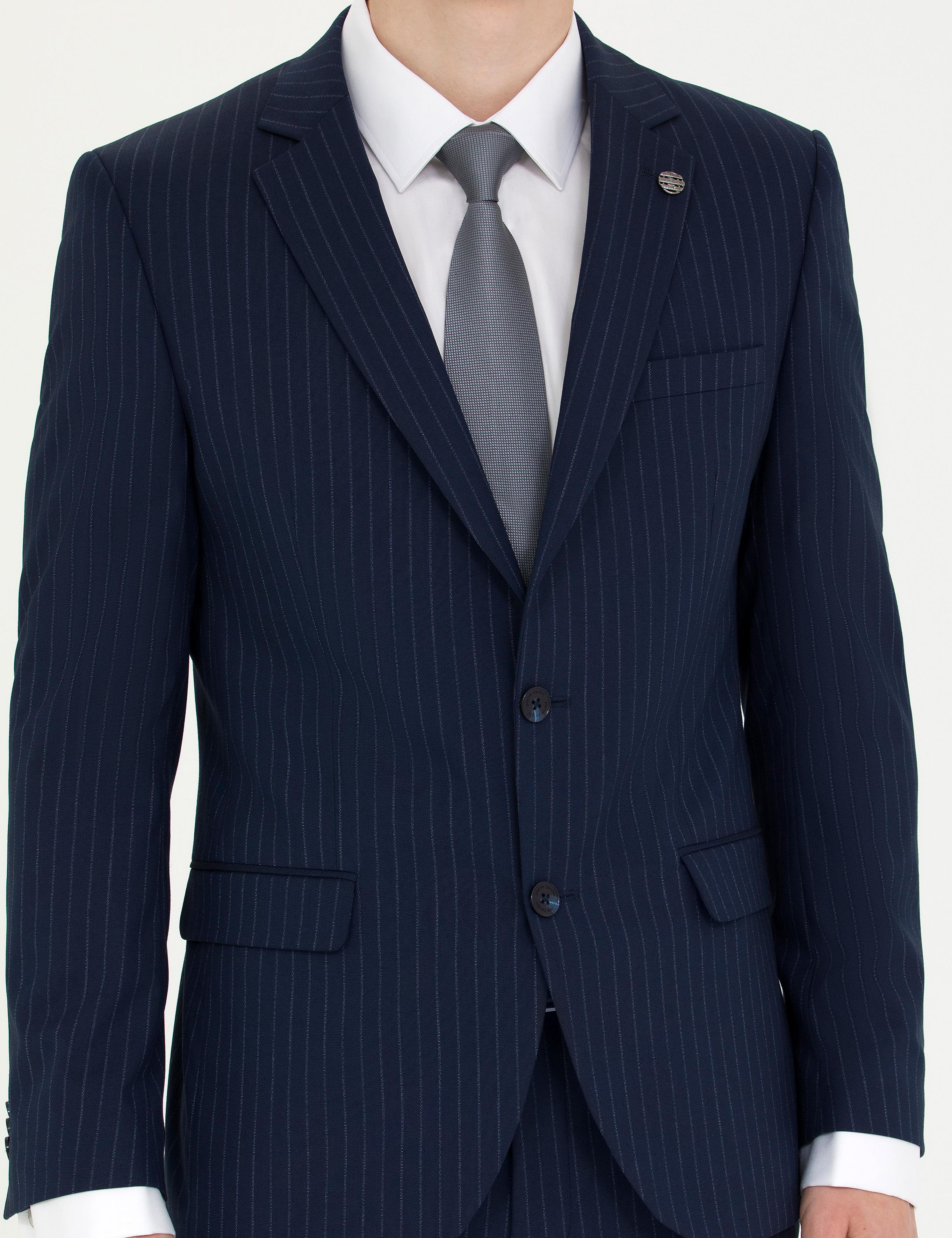 Lacivert Ekstra Slim Fit Çizgili Takım Elbise