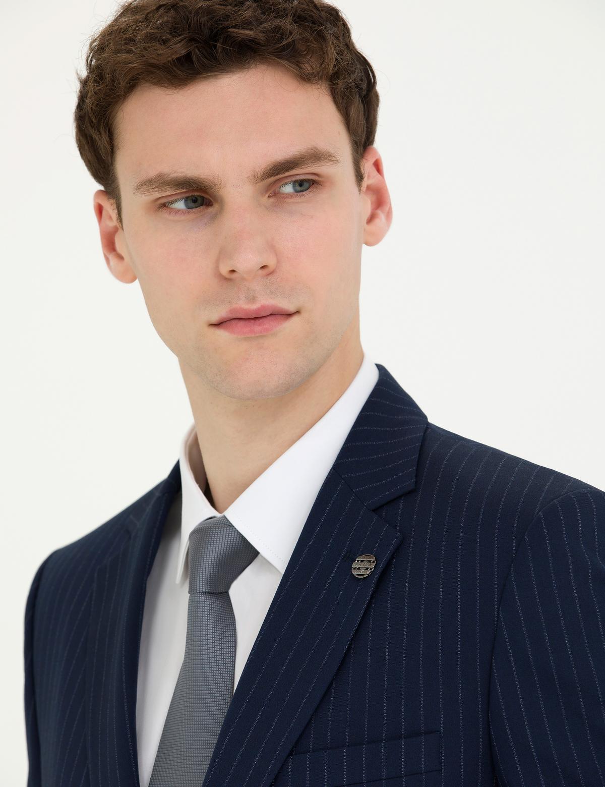 Lacivert Ekstra Slim Fit Çizgili Takım Elbise - 50272707014