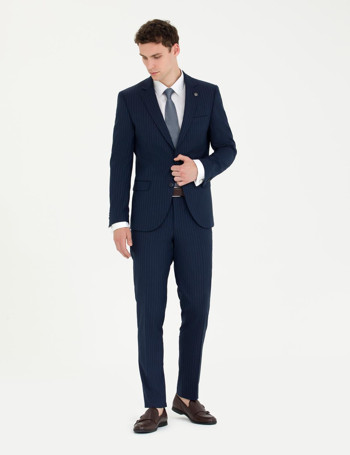 Lacivert Ekstra Slim Fit Çizgili Takım Elbise