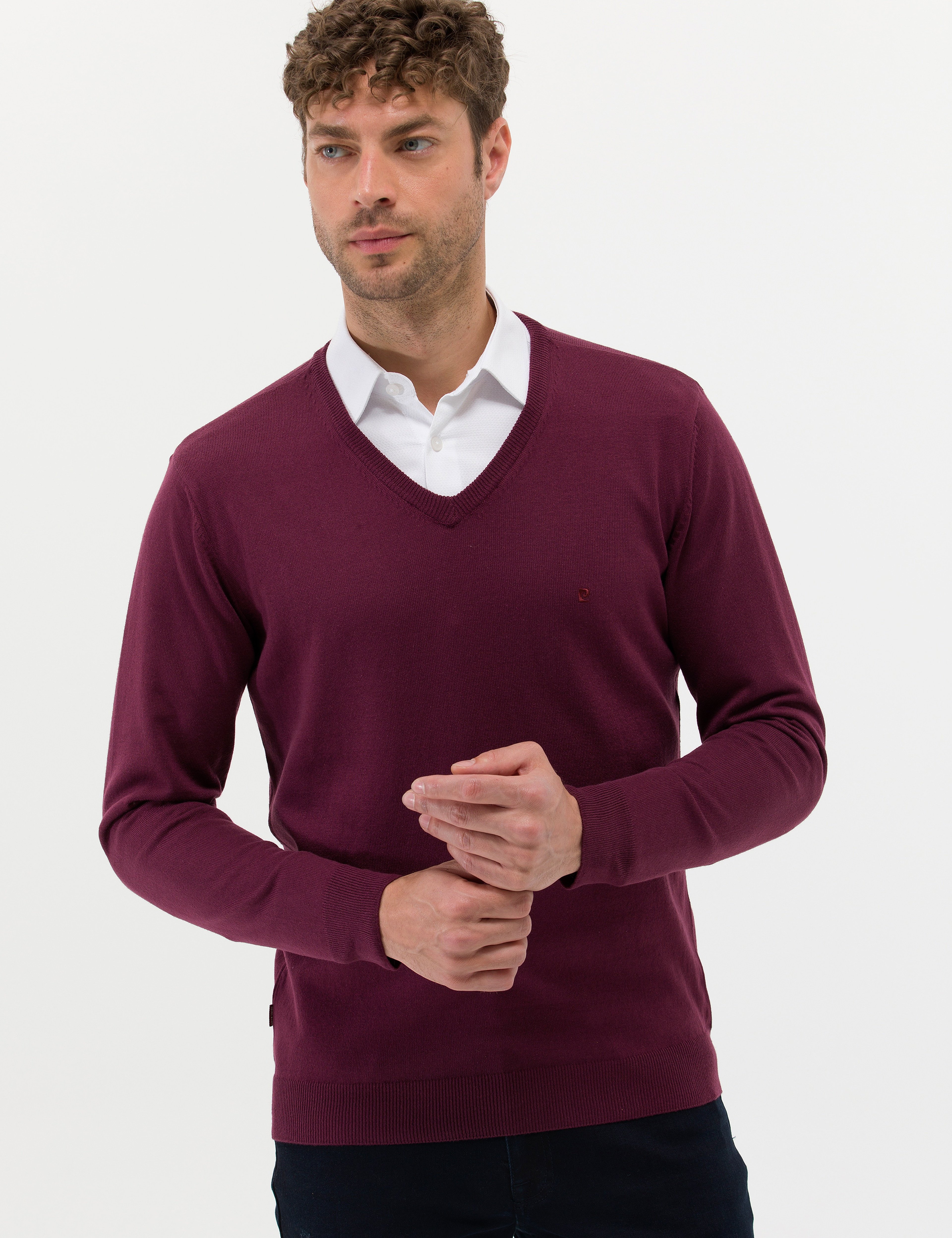 Bordo Slim Fit V Yaka Basic Triko Kazak - Image 1