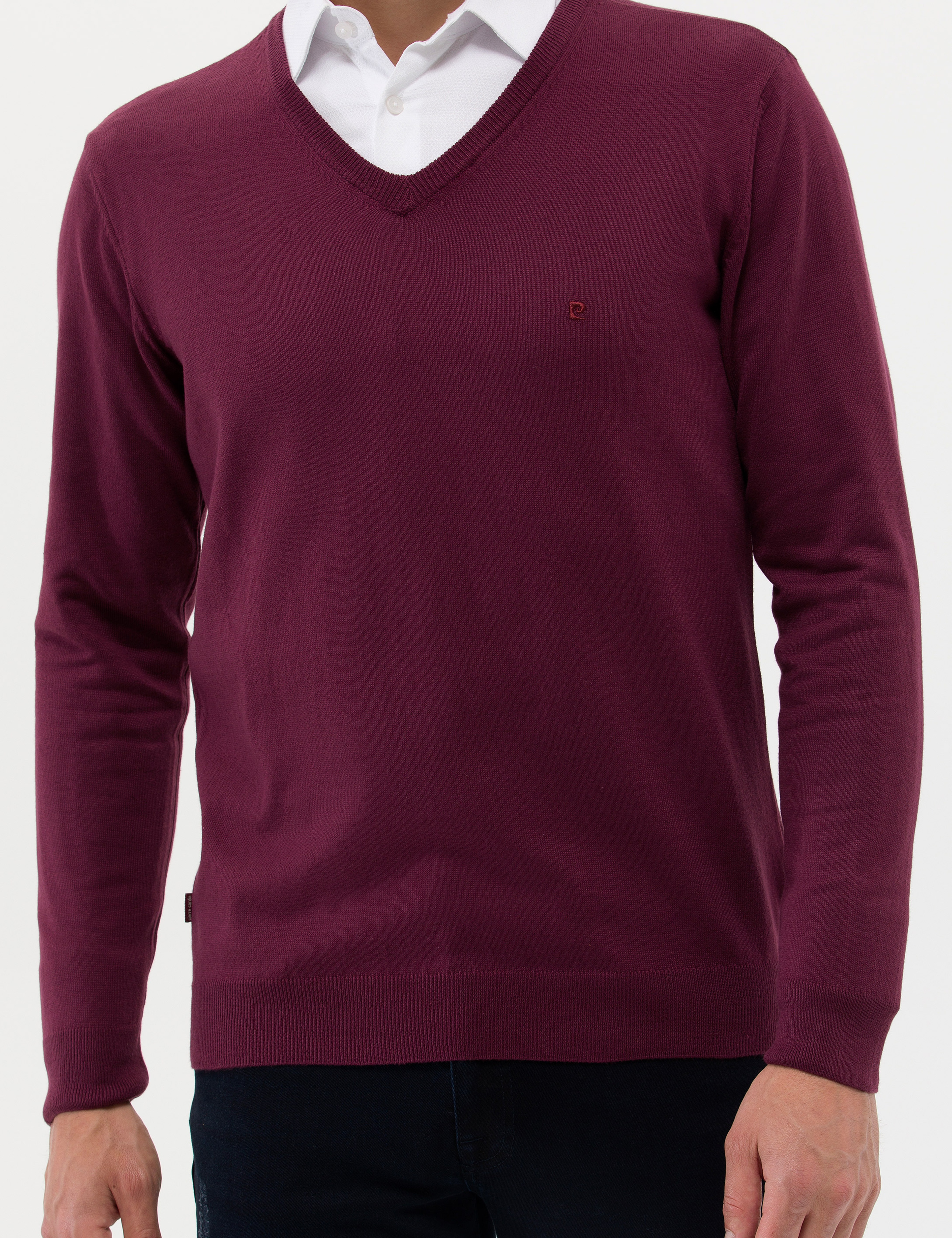 Bordo Slim Fit V Yaka Basic Triko Kazak - Image 6