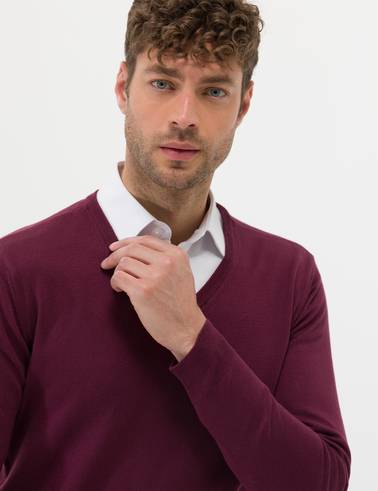 Bordo Slim Fit V Yaka Basic Triko Kazak
