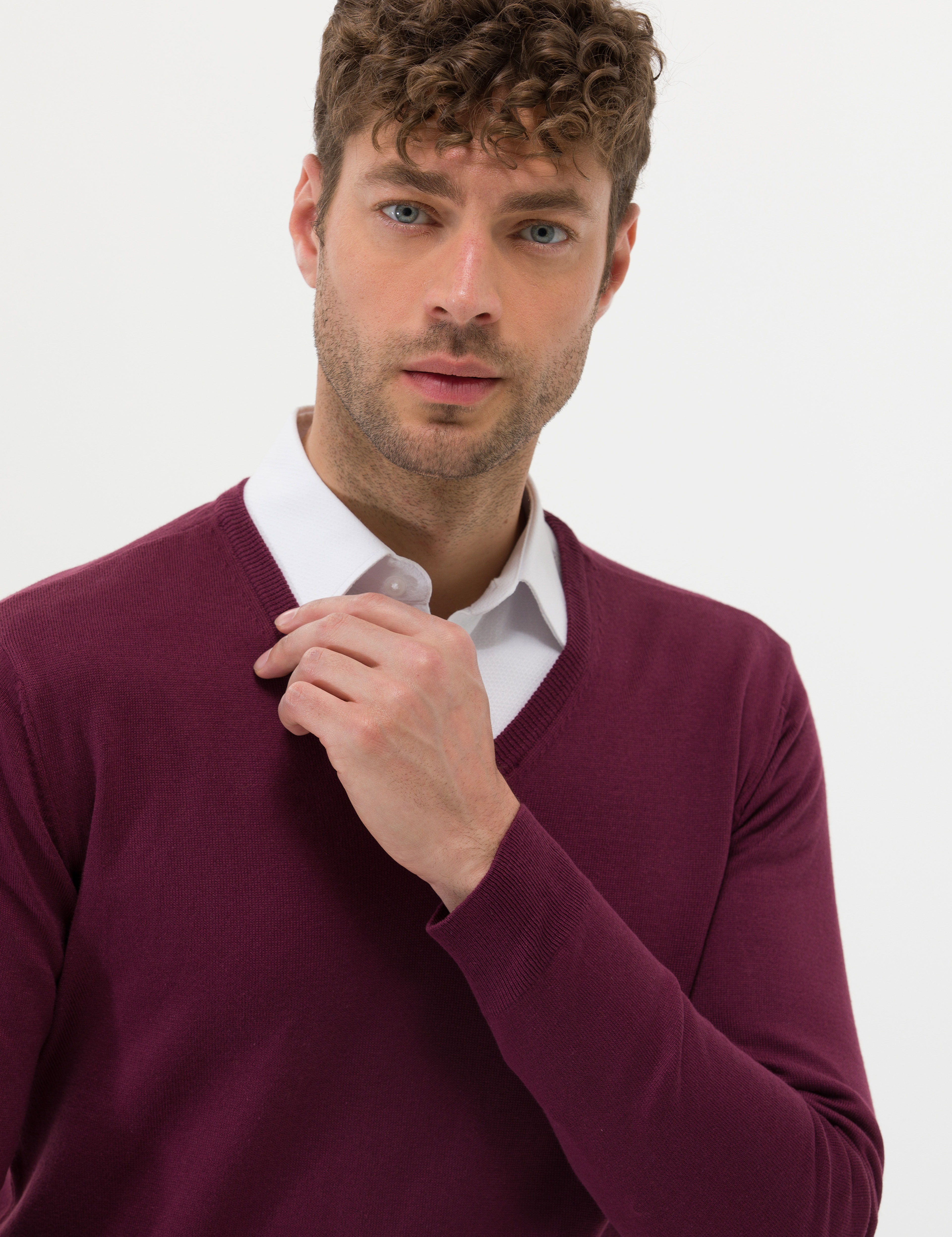 Bordo Slim Fit V Yaka Basic Triko Kazak - Image 2