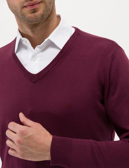 Bordo Slim Fit V Yaka Basic Triko Kazak - 50276536003