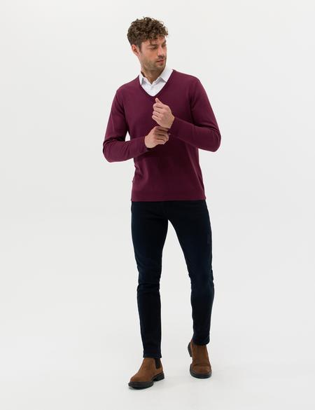 Bordo Slim Fit V Yaka Basic Triko Kazak - 50276536003