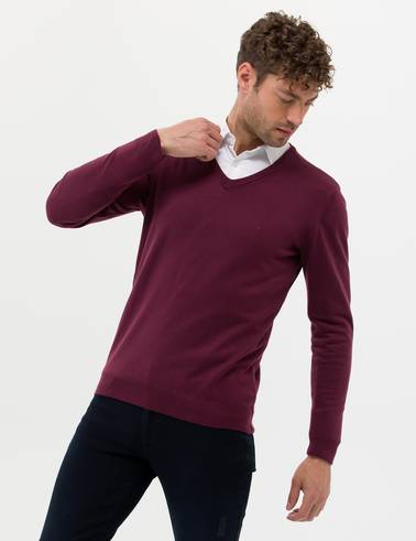 Bordo Slim Fit V Yaka Basic Triko Kazak