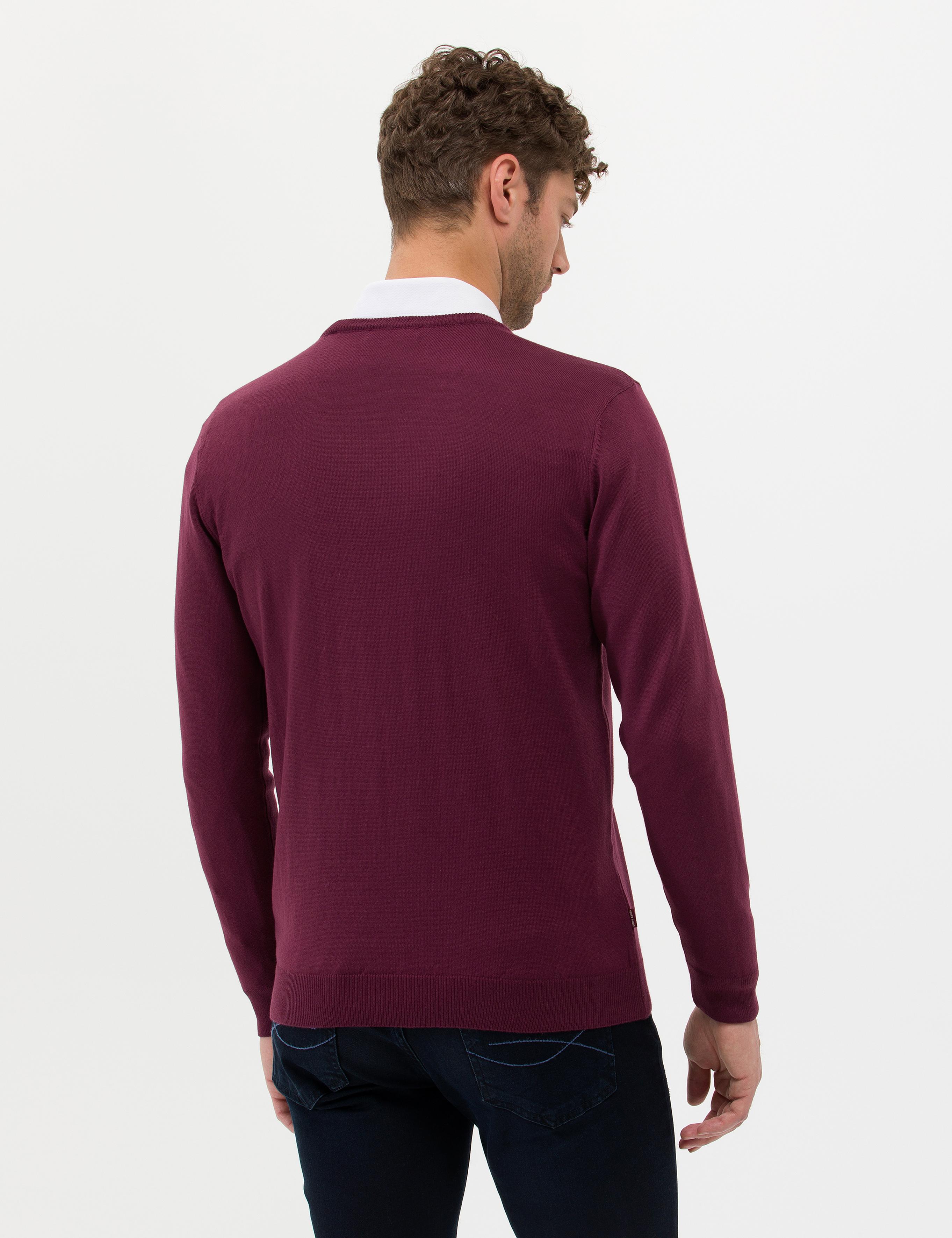 Bordo Slim Fit V Yaka Basic Triko Kazak