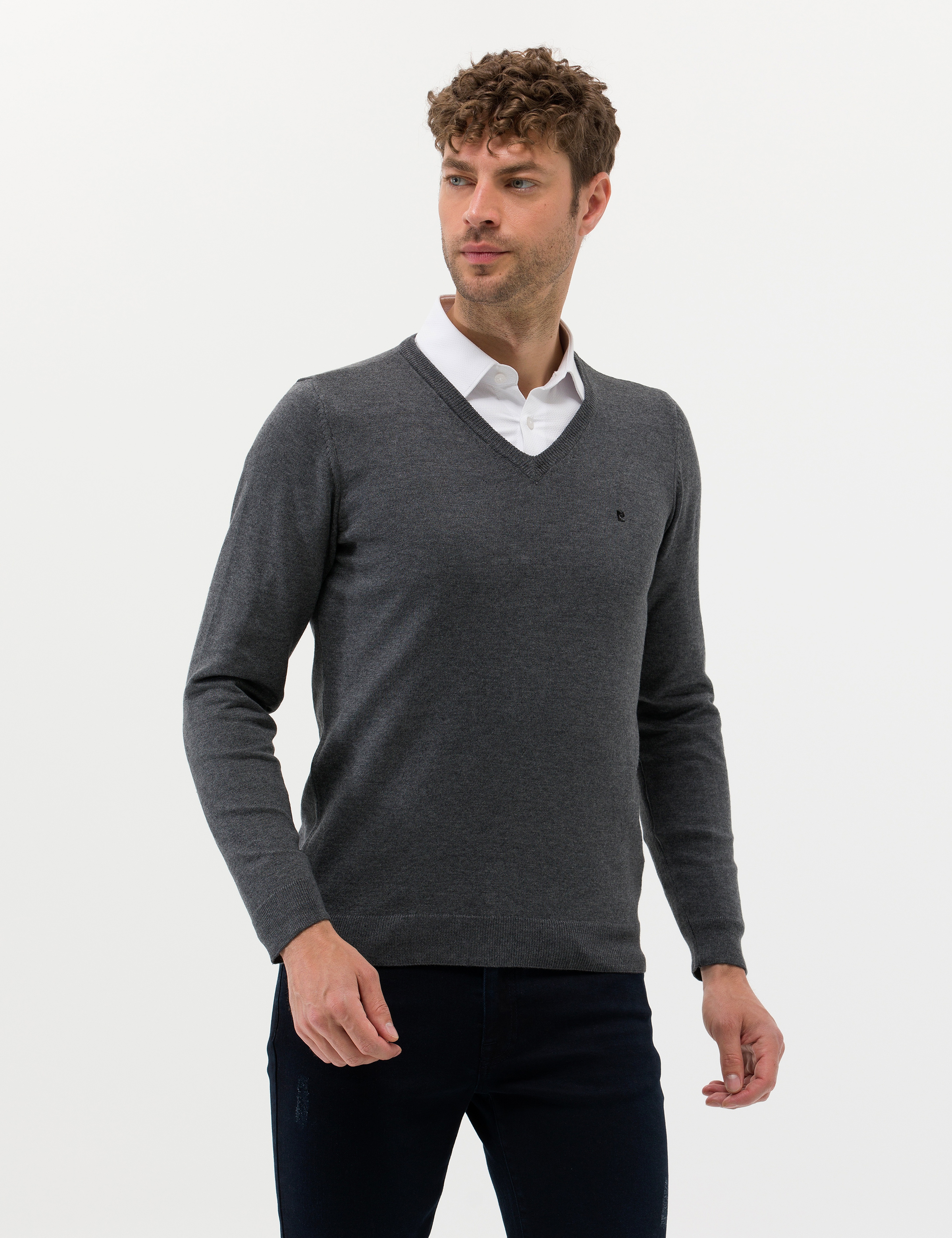 Antrasit Melanj Slim Fit V Yaka Basic Triko Kazak - Image 3