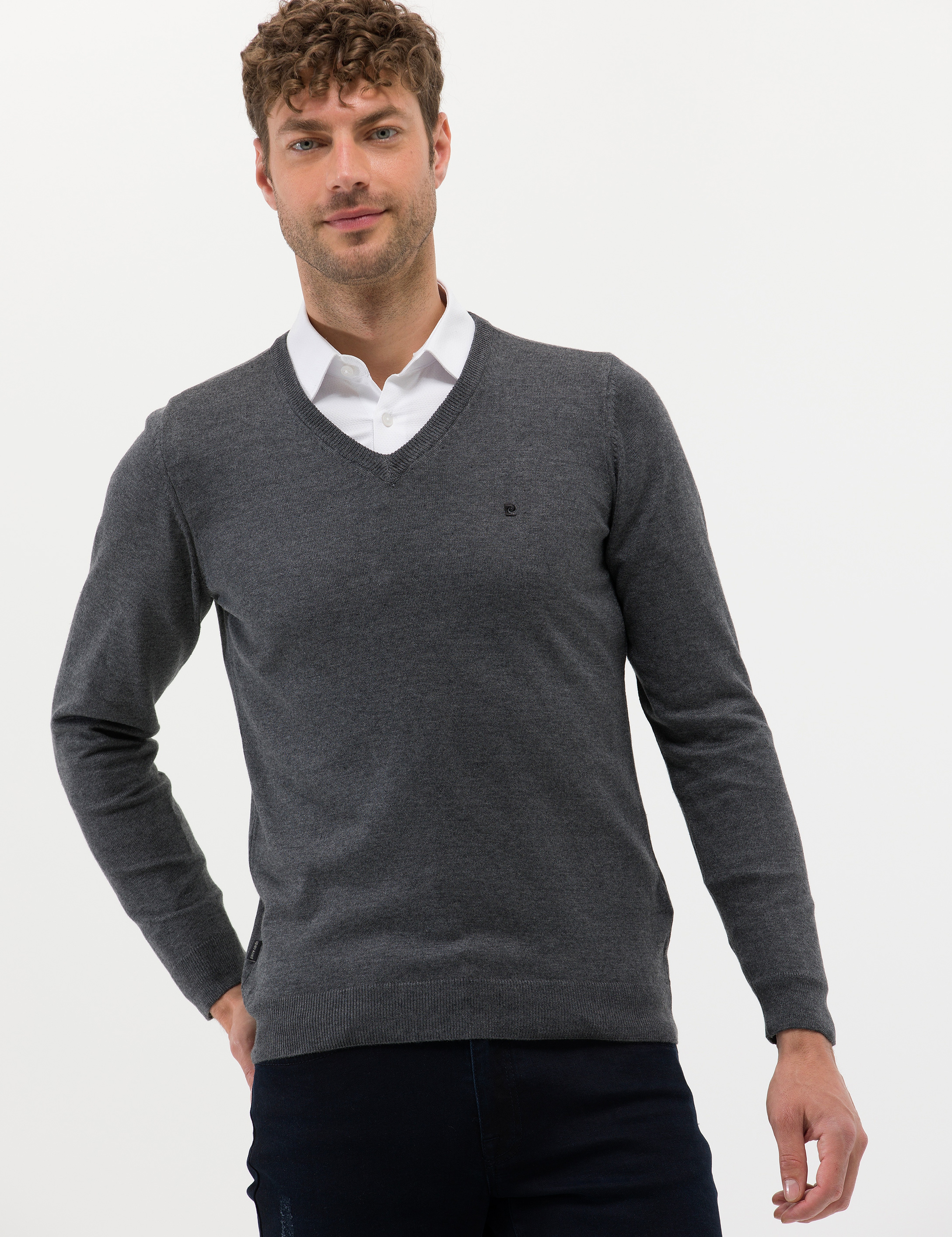 Antrasit Melanj Slim Fit V Yaka Basic Triko Kazak - Image 1