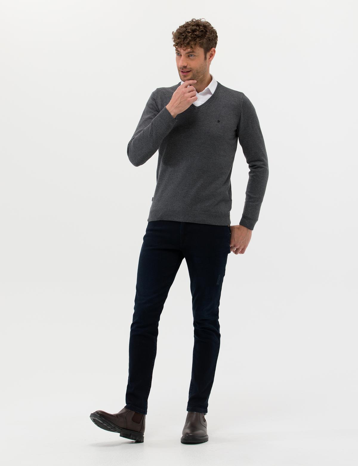 Antrasit Melanj Slim Fit V Yaka Basic Triko Kazak - 50276536017