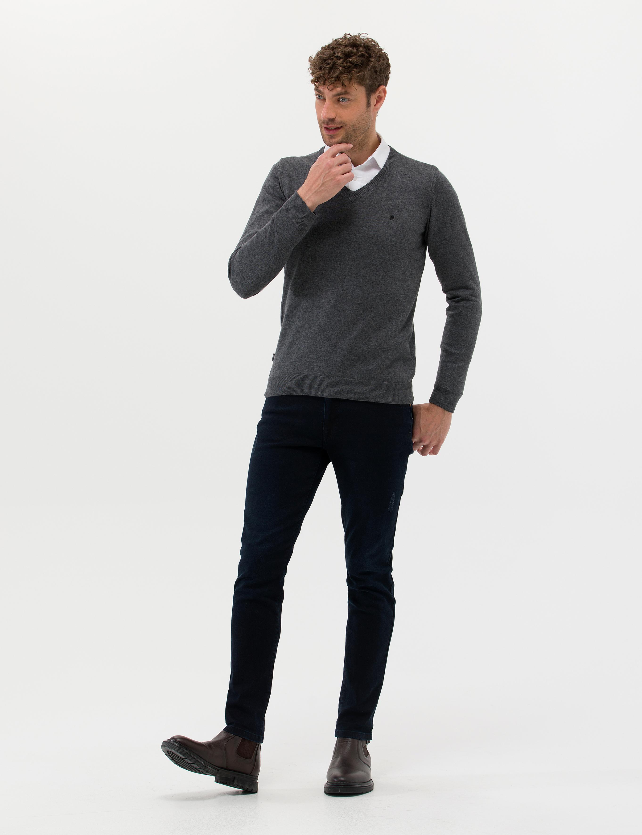 Antrasit Melanj Slim Fit V Yaka Basic Triko Kazak