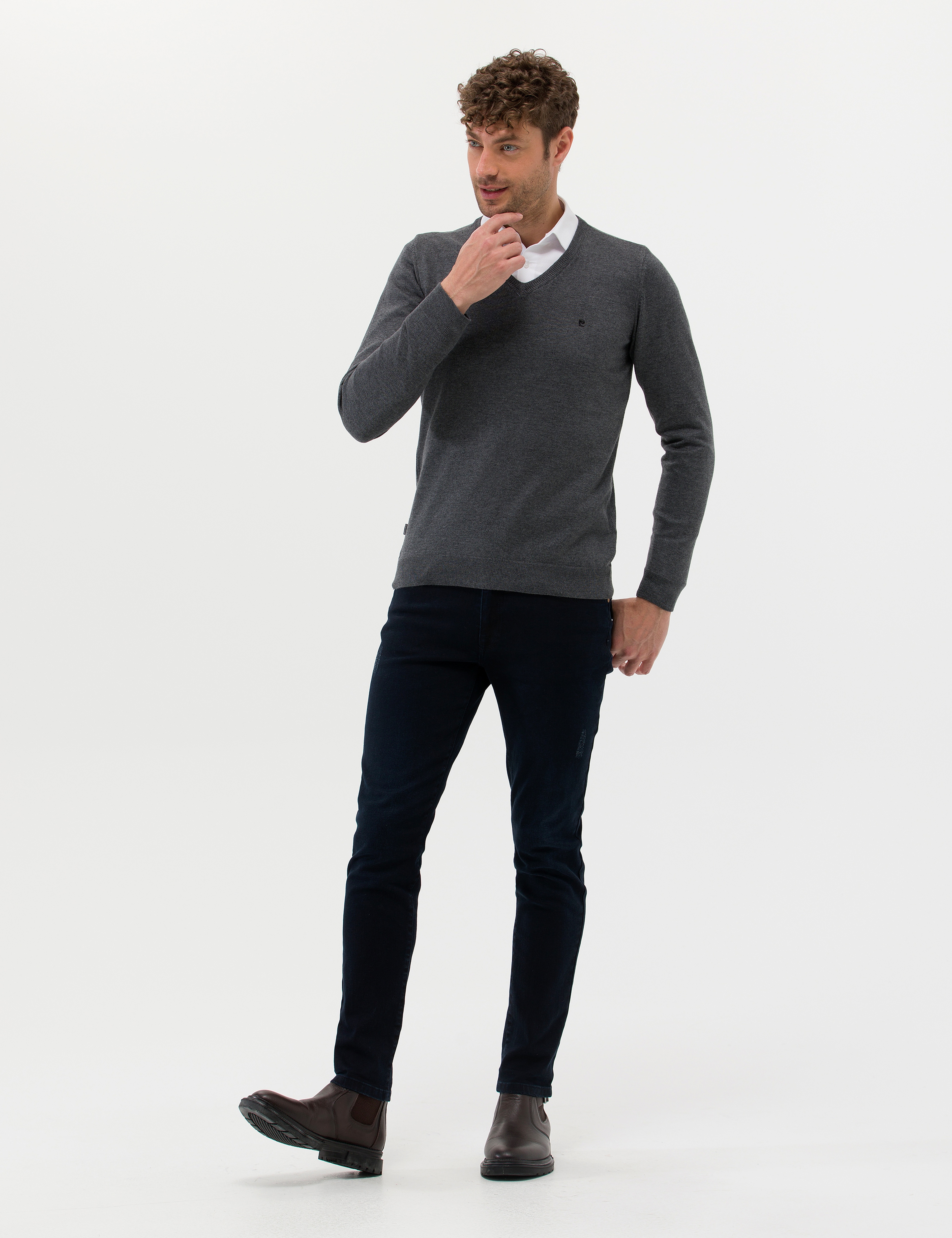 Antrasit Melanj Slim Fit V Yaka Basic Triko Kazak - Image 4