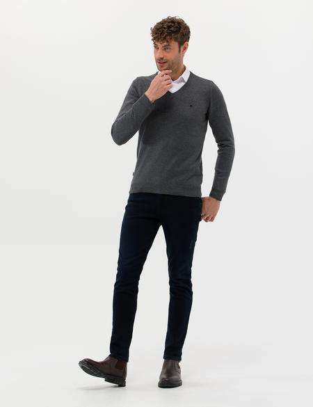 Antrasit Melanj Slim Fit V Yaka Basic Triko Kazak - 50276536017