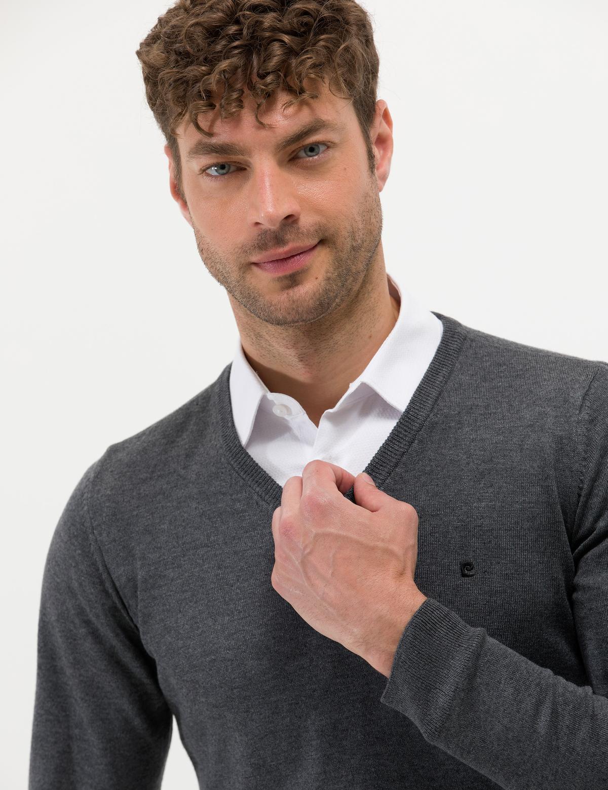 Antrasit Melanj Slim Fit V Yaka Basic Triko Kazak - 50276536017