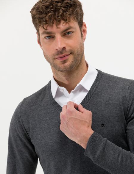 Antrasit Melanj Slim Fit V Yaka Basic Triko Kazak - 50276536017