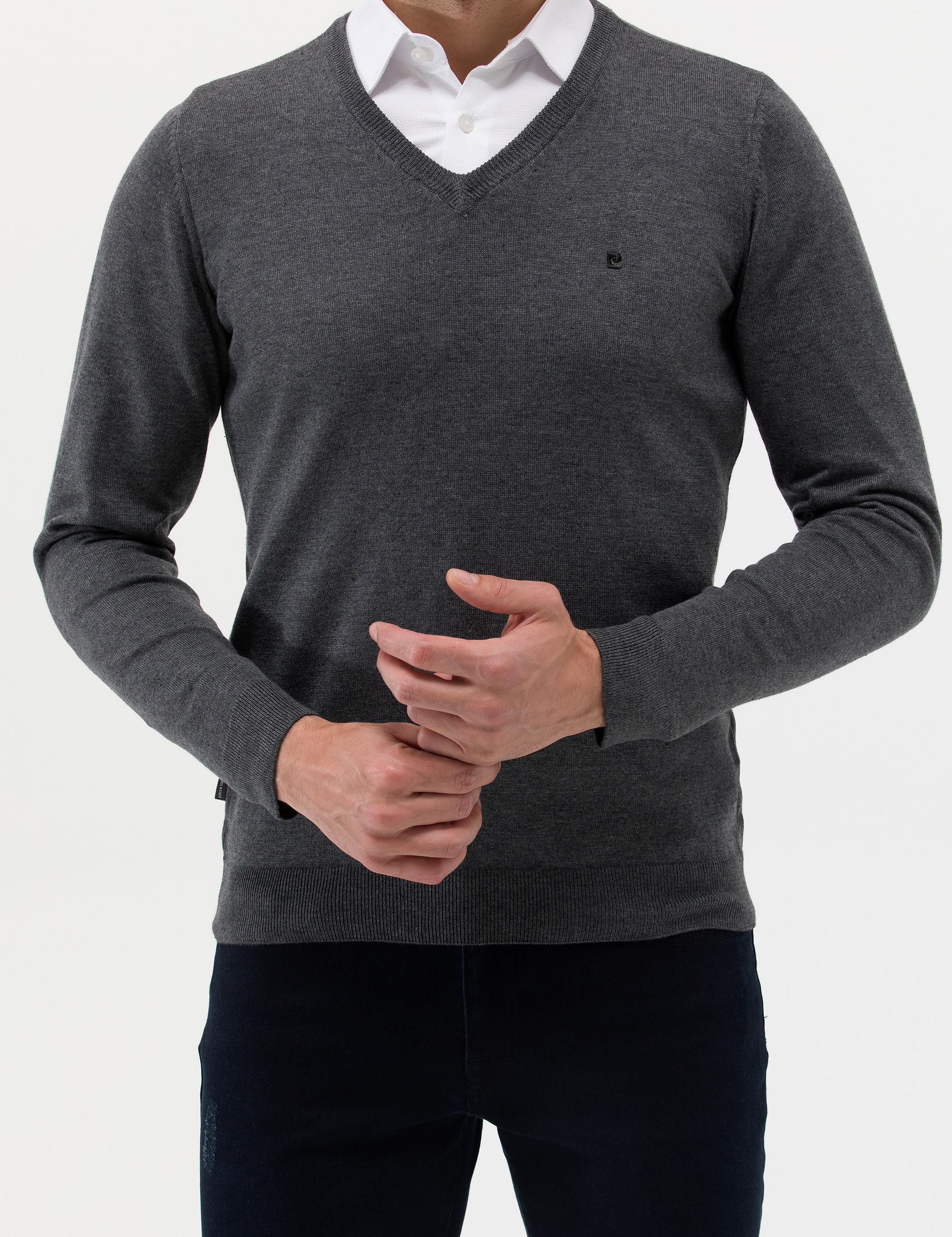 Antrasit Melanj Slim Fit V Yaka Basic Triko Kazak