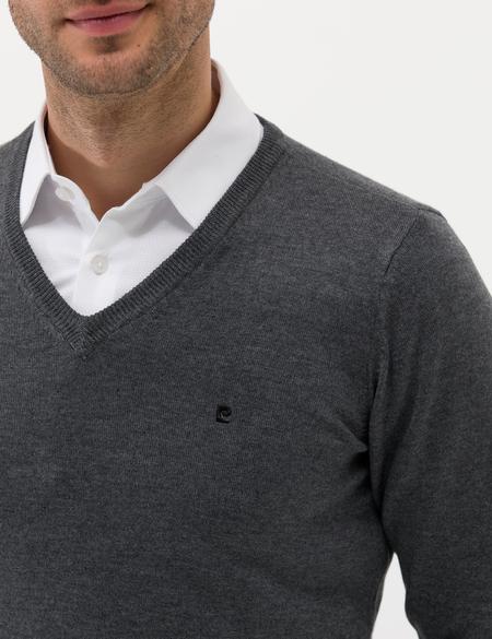 Antrasit Melanj Slim Fit V Yaka Basic Triko Kazak - 50276536017